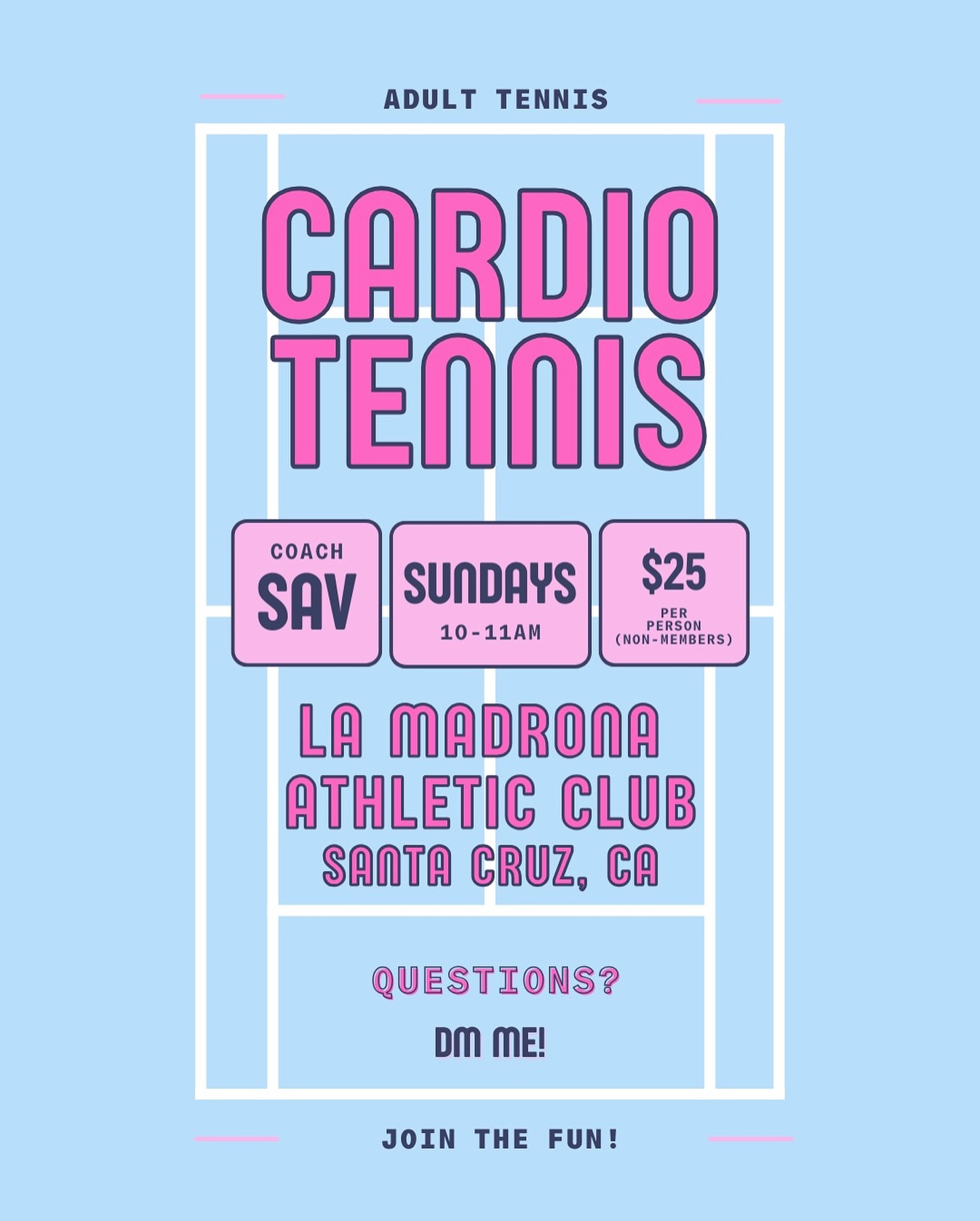 I love teaching this class! @lamadronaclub
Improve your game & fitness 🎾💪🏼
Registration through club, DM for questions!
#tennis #tennislife #tennisplayer #tennislove #tenniscourt #tennistraining #tennismindset #instatennis #tenniscoach
#tennisfun #tennispassion #tennisaddict #tennispro #tennismatch #tennispractice #tennisplayers #tennisworld #tennisfans #cardiotennis