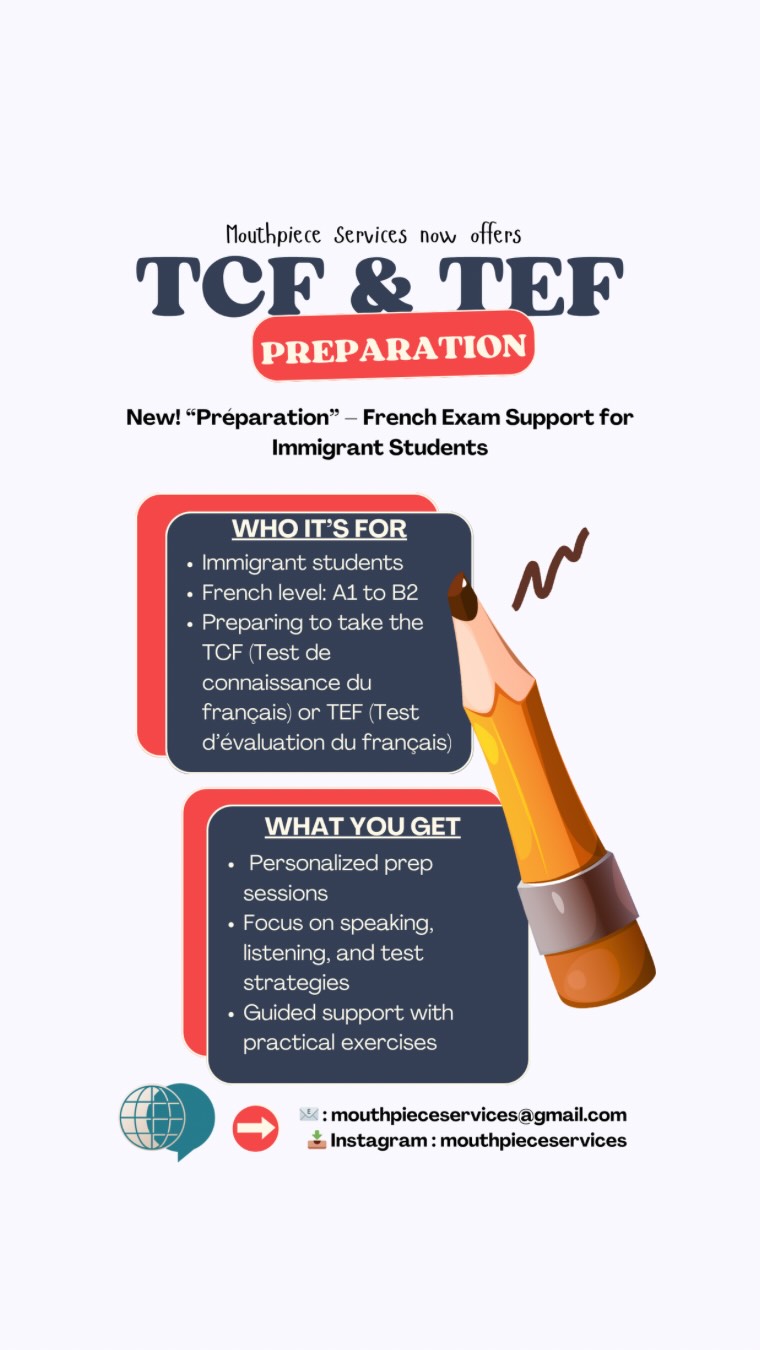 Happy Tuesday, everyone!! 🎉
I’m excited to announce a new service from Mouthpiece Services — it’s called “Préparation” 🇫🇷🗣️
This is designed especially for immigrant students who speak A1 to B2-level French and are getting ready for the TCF or TEF exams.
If that’s you — or someone you know — feel free to message me for details! 📩
Let’s get you ready for success 🌟
God bless you! 🙏
——
Bon mardi à tous !! 🎉
Je suis ravie de vous annoncer un nouveau service offert par Mouthpiece Services — il s’appelle « Préparation » 🇫🇷🗣️
Ce service est spécialement conçu pour les étudiants immigrants qui parlent le français de niveau A1 à B2 et qui se préparent à passer les examens TCF ou TEF.
Si c’est ton cas — ou celui de quelqu’un que tu connais — n’hésite pas à m’écrire pour plus d’infos ! 📩
Préparons ensemble ta réussite 🌟
Que Dieu te bénisse ! 🙏
——
Bòn madi tout moun !! 🎉
Mwen kontan anpil pou m anonse yon nouvo sèvis nan Mouthpiece Services — li rele “Préparation” 🇫🇷🗣️
Sèvis sa fèt espesyalman pou etidyan imigran ki pale franse nivo A1 rive B2 epi k ap prepare pou egzamen TCF oswa TEF.
Si ou menm — oswa yon moun ou konnen — nan sitiyasyon sa a, ou ka voye yon mesaj ban mwen pou plis enfòmasyon 📩
Ann prepare w pou reyisi 🌟
Bondye beni w 🙏
—————————
#FrenchExamPrep #PréparationTCF #TEFPrep #ÉtudiantsImmigrants #LanguageGoals #ApprendreLeFrançais #ImmigrantSupport #RéussiteÉtudiante #MouthpieceServices #FrançaisPourTous #ExamReady #ObjectifRéussite