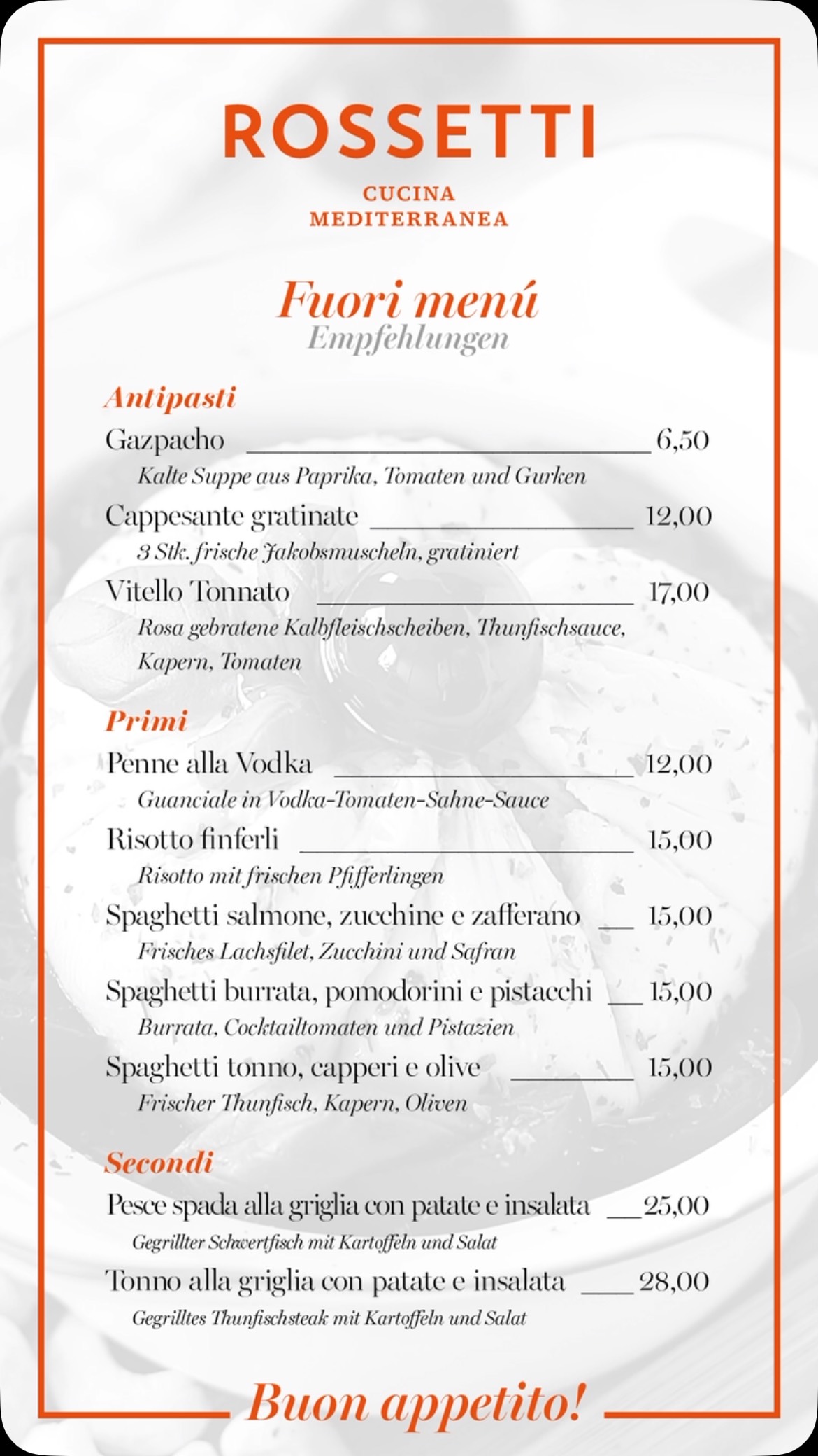 Unsere Empfehlungskarte für den Juli 🤗 Leichte mediterrane Gerichte, ideal für die Mittagspause und laue Sommerabende ☀️😎🇮🇹
Alle Primi-Gerichte sind natürlich auch in unserem Mittagsangebot von Dienstag bis Samstag inkl. Salat und kleinem Getränk für 5,- € Aufpreis erhältlich.
Buon appetito 😋
#rossetti #cucinamediterranea #passau #trattoria #italienischgeniessen #mediterran #foodlover #fisch #steak #vegetarischgenießen #vegan #passauliebe #mittagsangebot #mittagspausegeniessen #mediterran #passauliebe #inmoodforfood