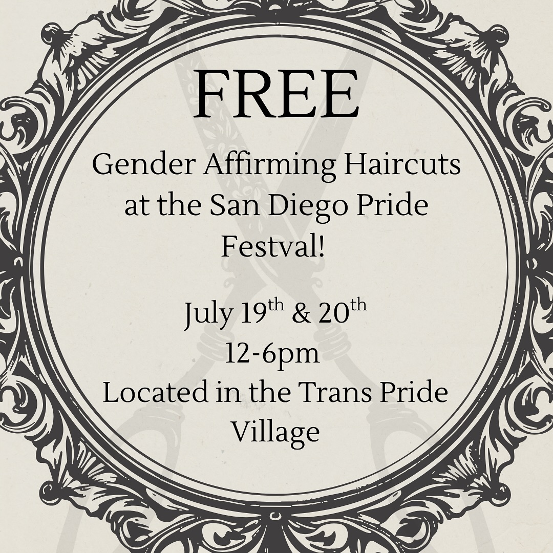 Hey San Diego!!
It’s pride weekend coming up!! And this year we’re doing something real special. I’m working with @blackdaggerhair and @blackdaggercommunitycollective and offering free gender affirming haircuts. Black Dagger will have a booth set up in the Trans Pride Village.
If you’re interested feel free to stop by to get some love on your hair. Please tell your friends! And hope to see you there! Can’t wait! 🏳️🌈🏳️⚧️🖤