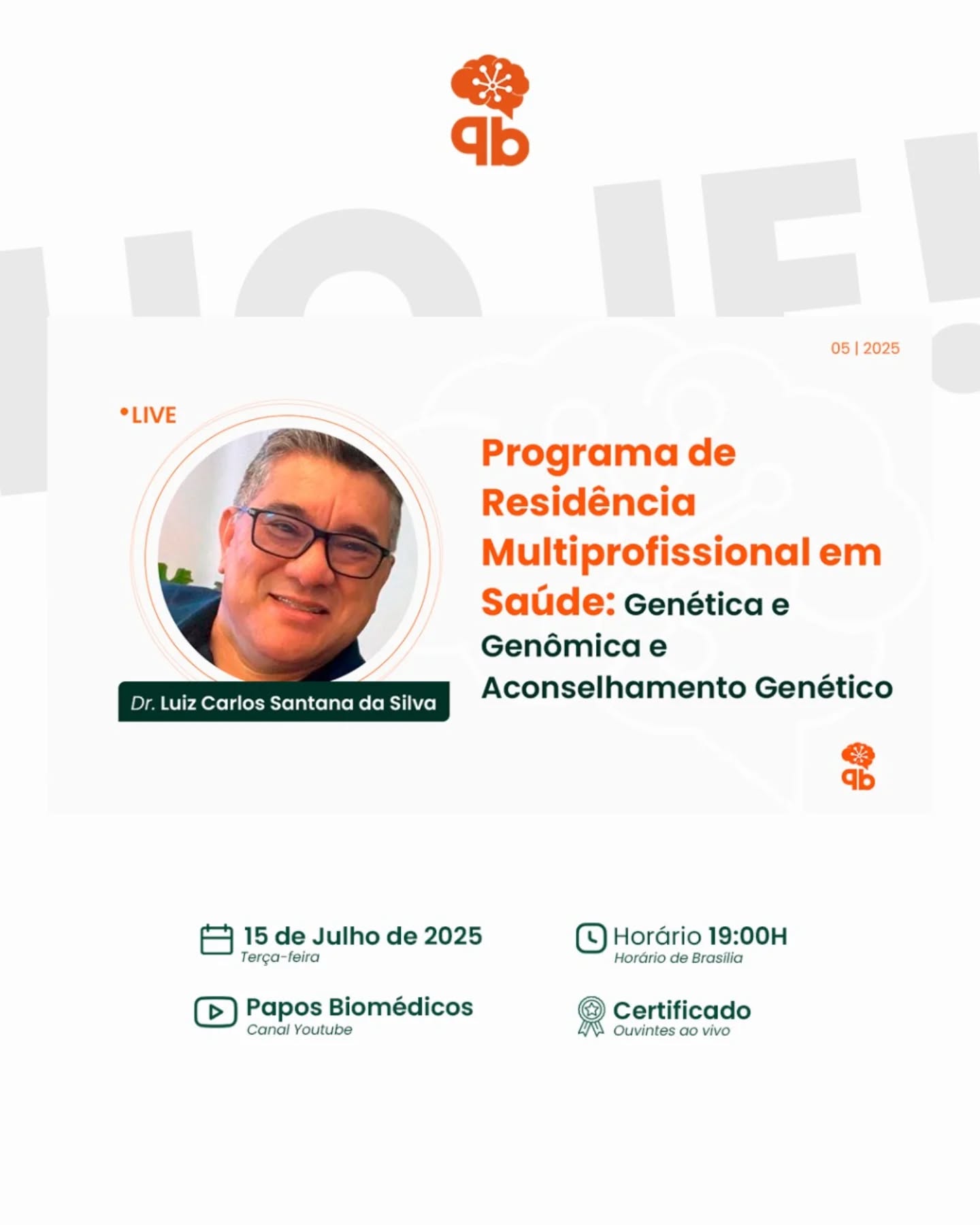 É hoje!! Vamos bater um papo com o Dr. Luiz Carlos Santana da Silva sobre o novo Programa de Residência Multiprofissional em Saúde voltado para Genética e Genomica e Aconselhamento Genético pela Universidade Federal do Pará (@ufpa_oficial ).
Não perca essa oportunidade e aproveite, pode ser um novo passo para sua carreira profissional!
Link disponível na Bio!
📅 Data: 15 de julho de 2025 (terça-feira)
⏰ Horário: 19h (horário de Brasília)
📍 Canal: Papos Biomédicos
📜 Certificação para ouvintes ao vivo
#paposbiomedicos #LiveCientífica #youtube #Saúde #Residência #ufpa