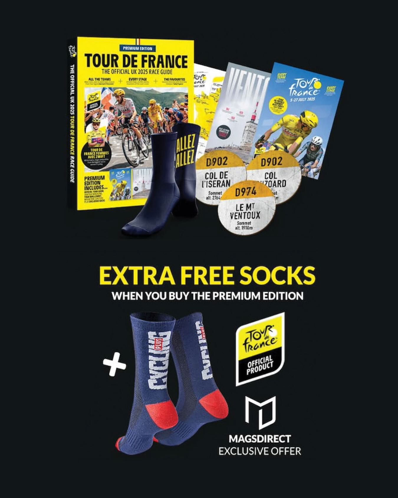 Exclusive @magsdirect offer. Gifts created by TCS Europe for @ourmedialtd - FREE @cyclingplus Socks, Souvenir @letourdefrance themed Cycling Socks with Beer Coasters. Official Tour De France 2025 Magazine – Premium Edition 🚴