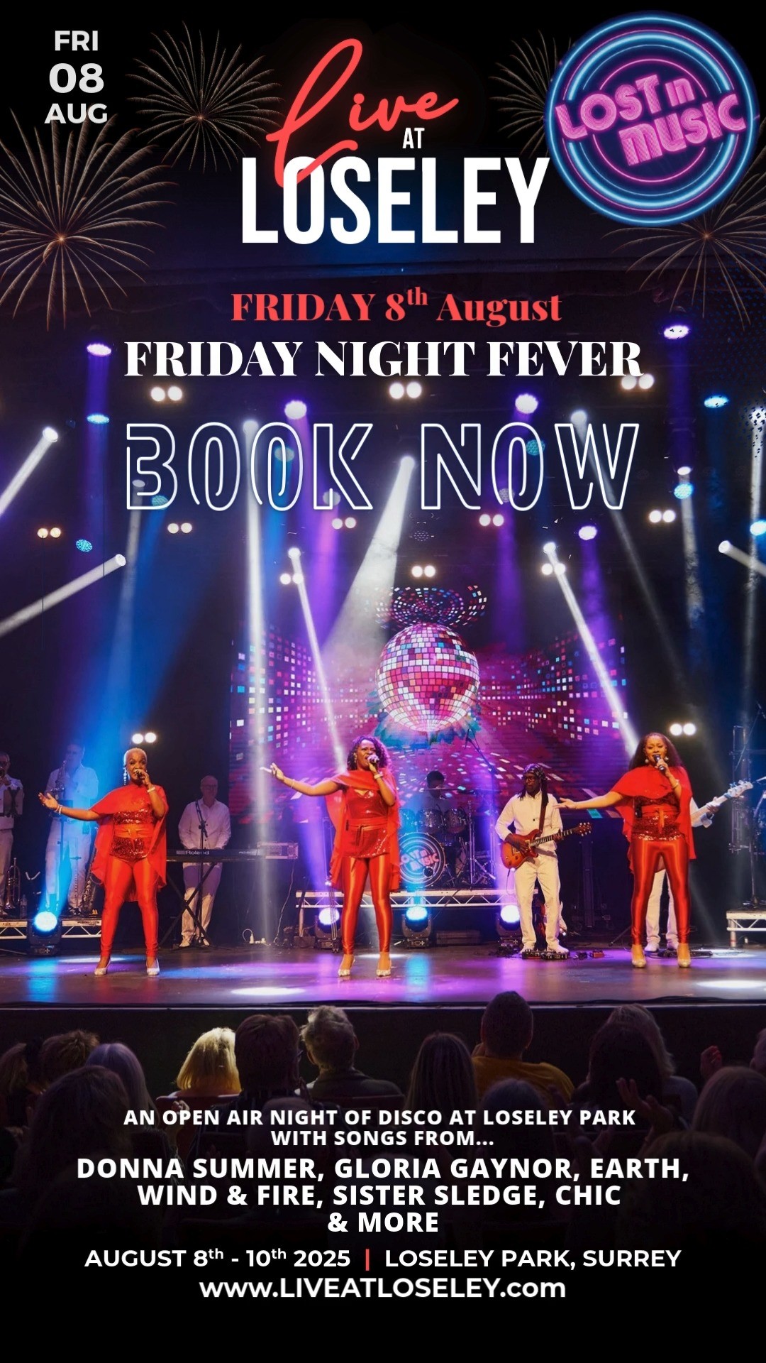Get ready to sparkle, strut and spin the night away! ✨
Friday Night Fever is coming to Loseley with LOST IN MUSIC – the ultimate 70s disco party under the stars! 💃🕺
Donna Summer, Chic, Sister Sledge and more – LIVE!
🎟 Tickets flying fast – don’t miss the feel-good night of the summer.
#DiscoNight #LiveMusicSurrey #LostInMusic #70sParty #GuildfordEvents #LiveAtLoseley #OutdoorConcert #SurreyNights #LiveMusicUK #FridayNightFever