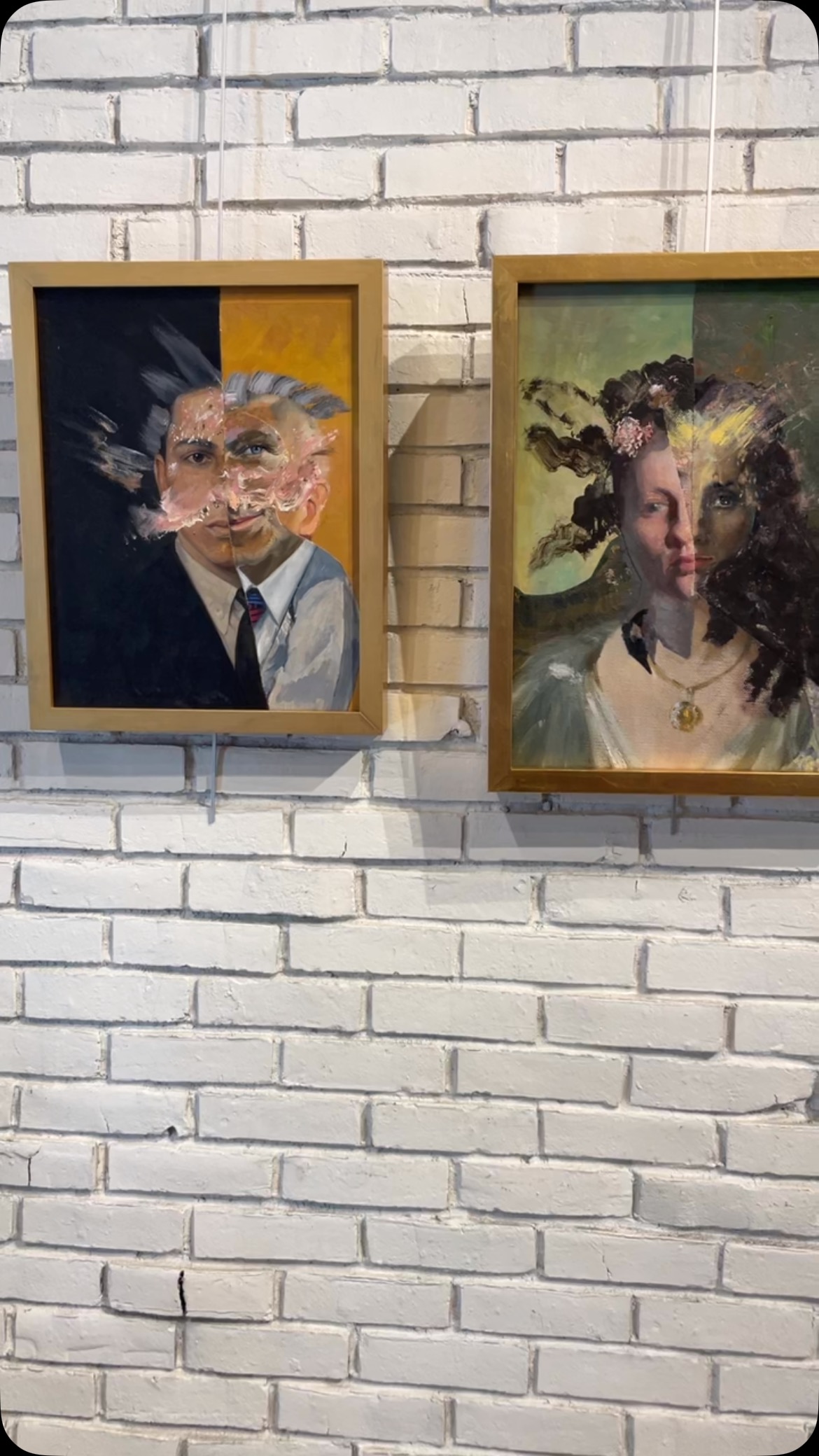 There are some interesting things going on here… #portrait #collage #johnbakerart #customartframing #norwoodma #artgallery #whitebrick #brickwall