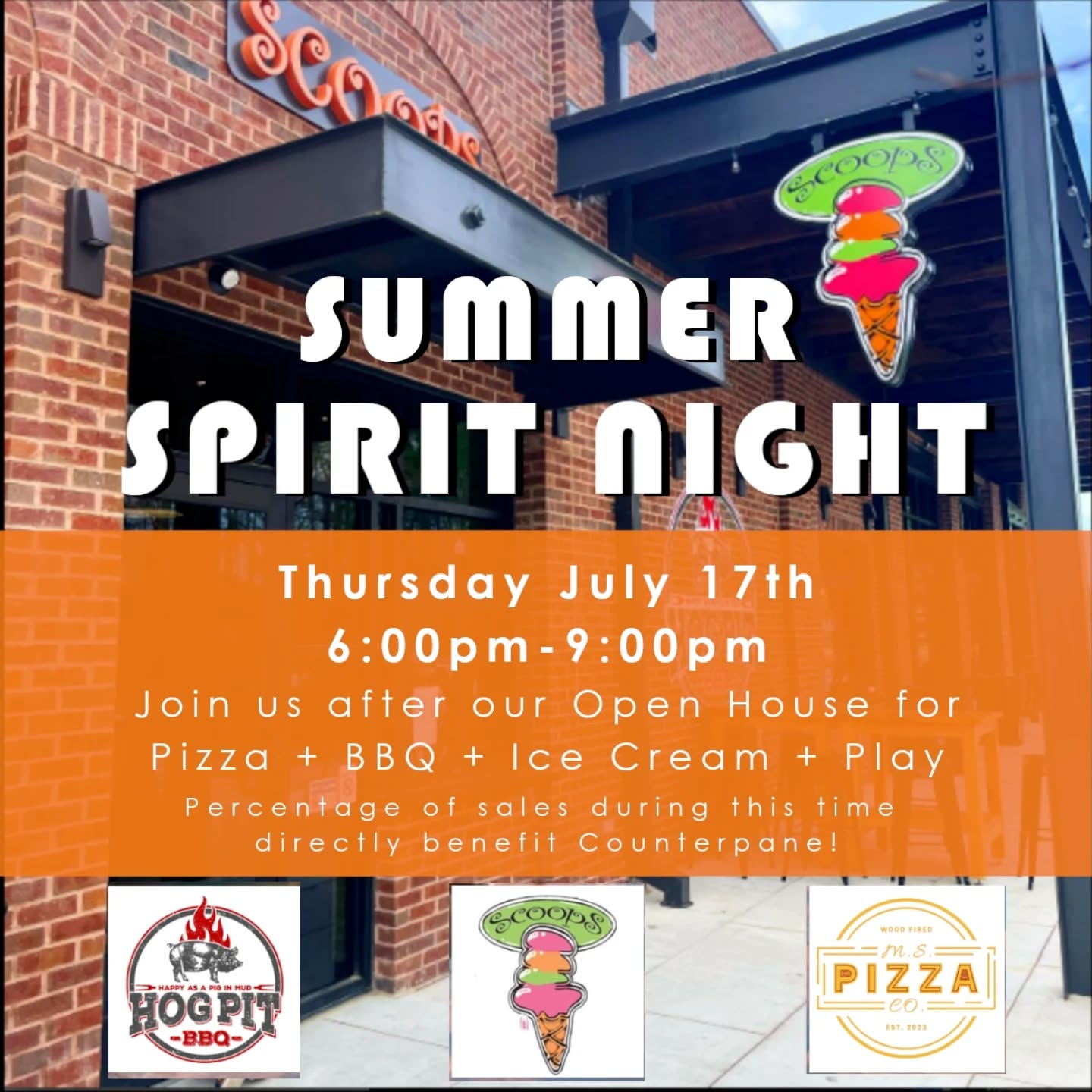 After our Open House this Thursday you're invited to join us at @triumph.station at City Center Park from 6pm-9pm for a Spirit Night benefitting Counterpane. All family members and friends are welcome! Big thank you to @scoopsfayetteville @hogpitbbq.southside and @mspizzaco for participating! Come eat, play, and get to know your community better!🍦🐷 🍕🤸🏼♀️