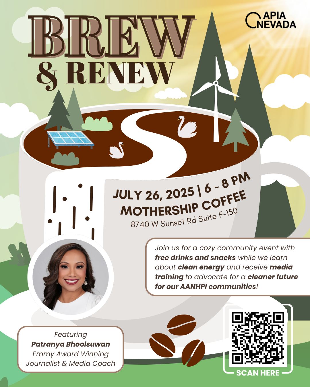 Join us for Brew & Renew, a cozy community event with free drinks from @mothershipcoffee while we learn about clean energy and receive media training by @patranya to advocate for a cleaner future for our AANHPI communities! ☕️🌞🌱🎥
🗓️ Saturday, July 26 | 6:00pm - 8:00pm
📍 Mothership Coffee Roasters at The Bend | 8740 W Sunset Rd, Suite F-150
🎟️ Reserve your spot now through the link in our bio!
#AANHPI #Coffee #MediaTraining #CleanEnergy