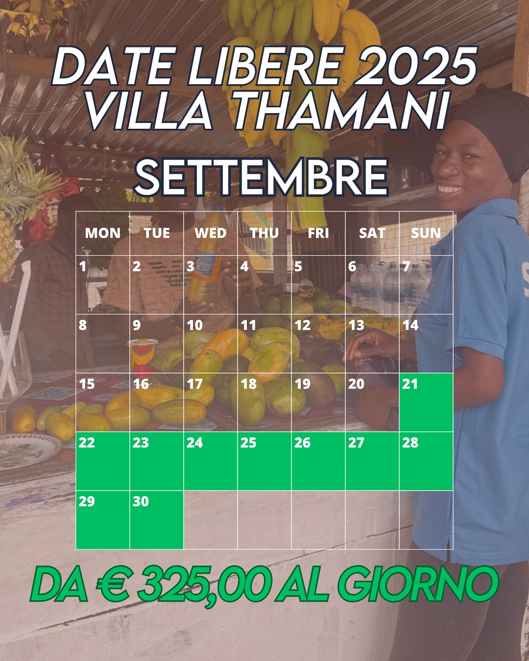 🌴 Last Minute a Villa Thamani 🌴
Hai voglia di una fuga in paradiso prima della fine dell’anno?
Scopri le ultime disponibilità per settembre, novembre e dicembre con prezzi speciali a partire da:
📆 21–30 settembre
✨ Da 325€ al giorno
📆 1–7 novembre
✨ Da 336€ al giorno
📆 13–24 dicembre
✨ Da 383€ al giorno
🌺 Prenota ora la tua vacanza da sogno a due passi dall’oceano!
📲 VISITA il SITO al LINK IN BIO o scrivici su WhatsApp per info e disponibilità: +255 629 605 454
#VillaThamani #Zanzibar #LastMinute #ParadisoTropicale #ViaggiDaSogno