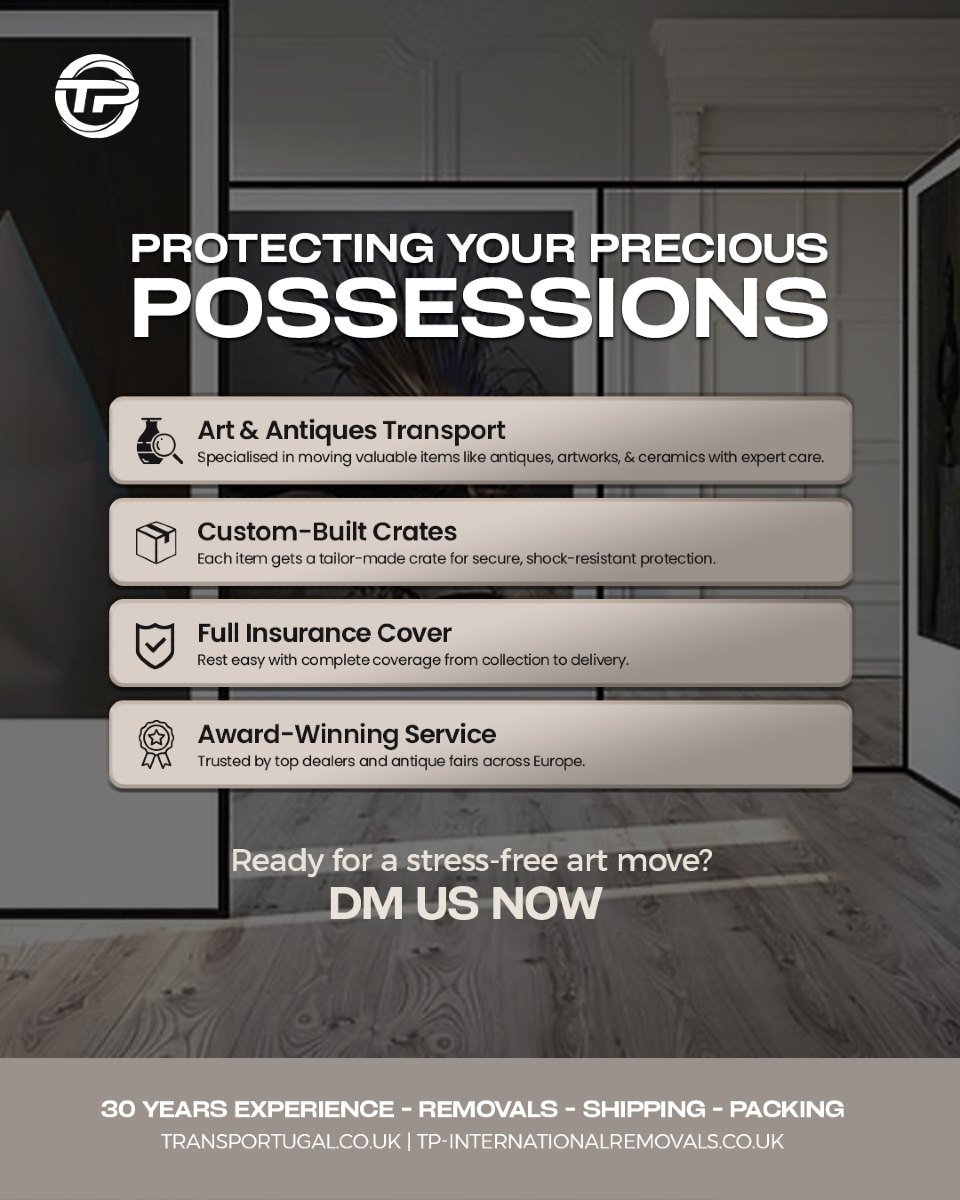 For many years, we have been the trusted partner for handling antiques, fine art, and ceramics for dealers across Portugal, Spain, and the U.K. Our expertise includes understanding the specialised packaging needs, creating custom crates, and ensuring meticulous care throughout the collection, packing, and shipping processes.
We prioritise the safety of your valuable items by using premium materials to prevent any damage during transit. Additionally, we manage logistics for several major antique fairs, including Newark, Ardingly, Swinderby, Kempton Park, and Olympia.
Reach out to our team via phone or email with your specific requirements, and we'll be happy to assist!
🇬🇧 LONDON OFFICE
22-24 Homecroft Rd, London, N22 5EL, United Kingdom
0208 807 6677
🇵🇹 PORTUGAL OFFICE
Inter Luis
Estrada Nacional 10
Centro Empresario Sado Internacional
Armazem D21, 2910-835 Setúbal
00 351 265 708 240
info@tp-internationalremovals.co.uk
#relocationservices #movingcompany #shipwithus #movers #packingpros #transportation #movingday #shippingworldwide #relocationexperts #shipments #tpinternationalremovals #transportugal #shippingandhandling #movingtotheuk #packingandshipping #movingtoportugal #movewithus #easyshipping #movingsolutions #shippingmadeeasy #securepacking #movingtospain #storagesolutions #removalstoportugal #relocationready #movinghome #newoffice #fineart #vehicletransportation
