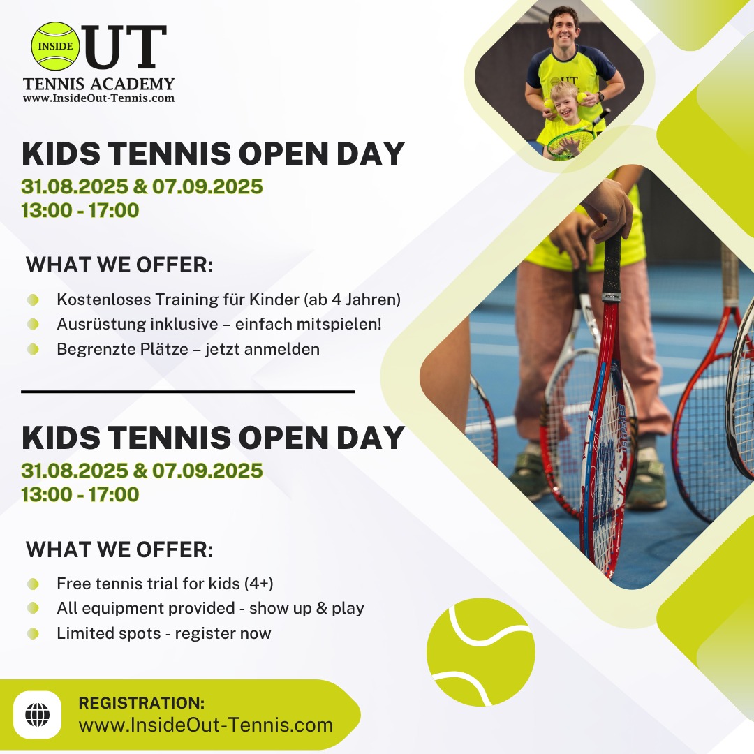 🎾Kids Tennis OPEN DAY – Fun, Friends & Tennis!
Are you or your child eager to try tennis but unsure where to start? Look no further! Join us at Insideout Tennis Academy for our exciting Open Days event.
✅ Ages 4–18 | All levels welcome
✅ FREE Trial Session | Professional coaches
🎾 Free Test Rackets | Bring indoor shoes
✅ Indoor facility in Schlieren
📍 VITIS Schlieren – Ifangstrasse 15, 8952 Schlieren
📅 31.08.2025 (Sunday) | 07.09.2025 (Sunday)
🕒 13:00–17:00
Spots are limited – Book now!
📲 www.insideout-tennis.com/kids
📞 +41 76 696 40 94
📥 DM us to reserve a place today!
#InsideOutTennis #KidsTennisOpenDay #TennisZurich #TennisFun #ZurichParents