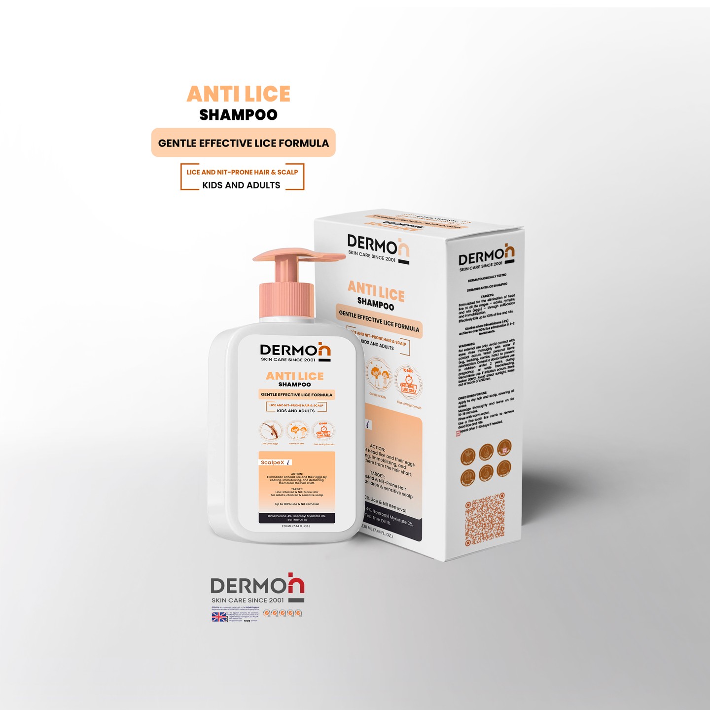 DERMOiN ANTI LICE Shampoo - GENTLE EFFECTIVE LICE FORMULA: is a non-toxic, silicone-based solution for fast and safe lice treatment. It acts physically to eliminate lice and nits — without pesticides or neurotoxic chemicals.
Targets:
Formulated for the elimination of head lice at all life stages — adults, nymphs, and nits (eggs) — through suffocation and immobilization.
Effectively kills up to 100% of lice and nits.
Studies show Dimethicone (4%) achieves over 90% lice elimination in 1–2 treatments.