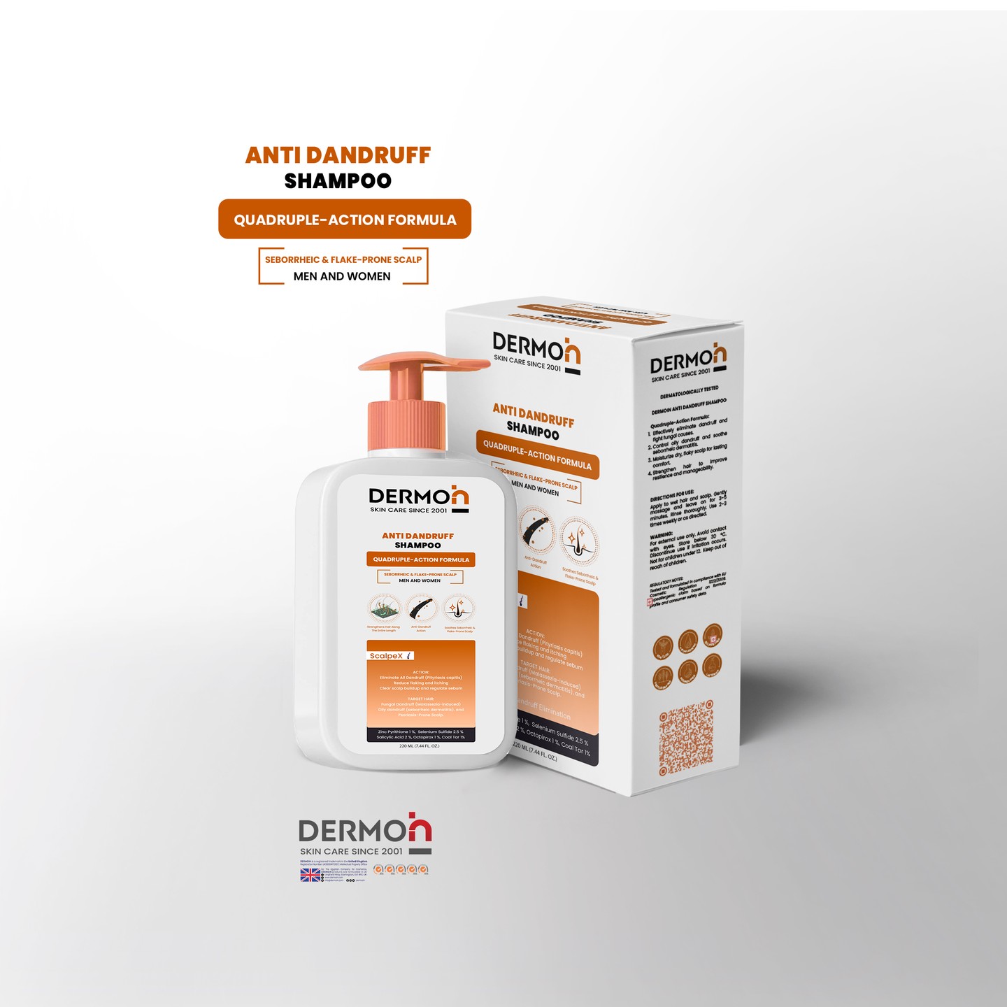 DERMOiN ANTI DANDRUFF SHAMPOO - QUADRUPLE-ACTION FORMULA:
A targeted solution for scalp health, designed to combat dandruff, fungal imbalances, and seborrheic dermatitis. It helps relieve itching and dryness while nourishing the scalp. The formula also conditions and strengthens the hair, enhancing texture and manageability for a healthier, flake-free scalp and revitalized hair.Product Benefits:Controls and prevents dandruff recurrence.Regulates scalp oiliness and reduces itching.Hydrates and nourishes flaky scalp.Reinforces hair fibers for healthier, stronger hair.