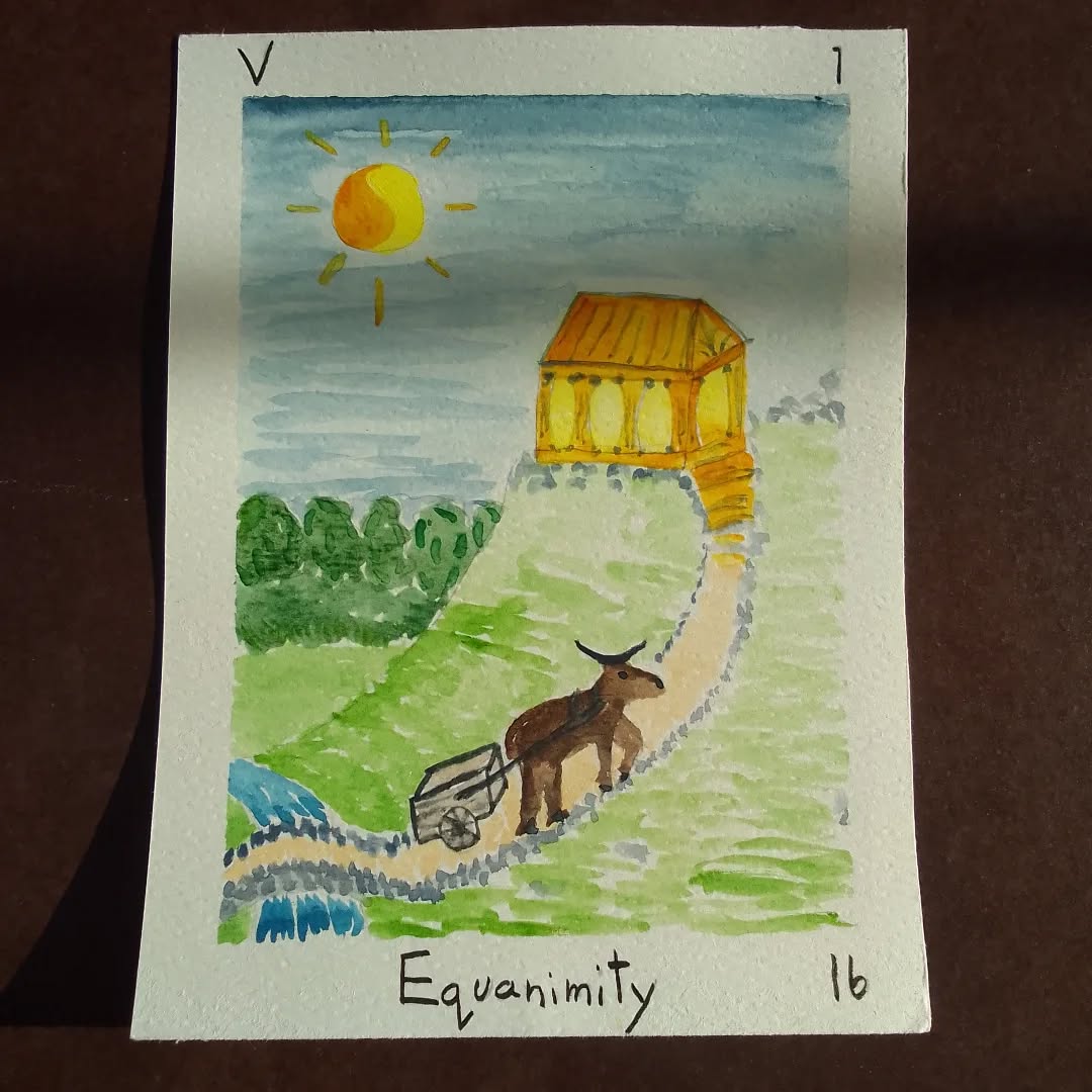 The lessons of the Hirophant card built the golden temple of Equanimity in my Tarot of Fields.
Regardless of pain, suffering or bliss, every moment in our lives brings a powerful gift.
The benefit of experience in feeling and understanding is the ultimate treasure of life.
To teach and learn can be a powerful connection of soul.
Here is my offering. Thank you for sharing yours.
N