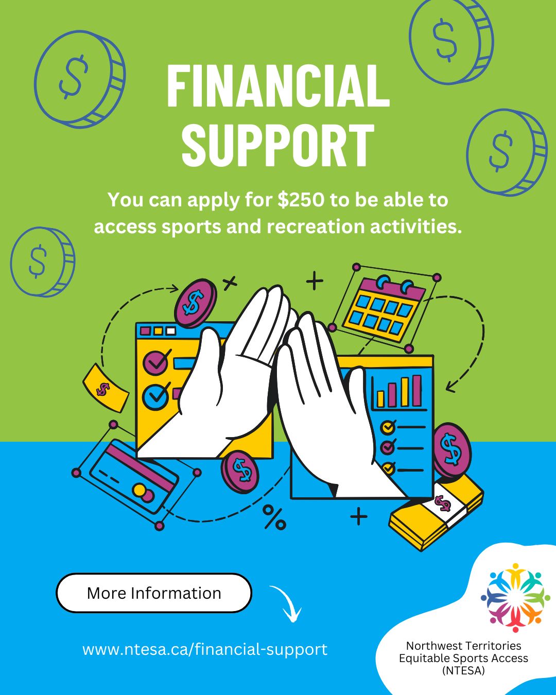 We offer $250 to help NWT residents take part in sport or recreation activities they couldn’t afford otherwise.
We’ll keep providing this support as long as we have the funds, and we’re always working to raise more!
Go to the Financial Support page on our website www.ntesa.ca for more info and to apply.