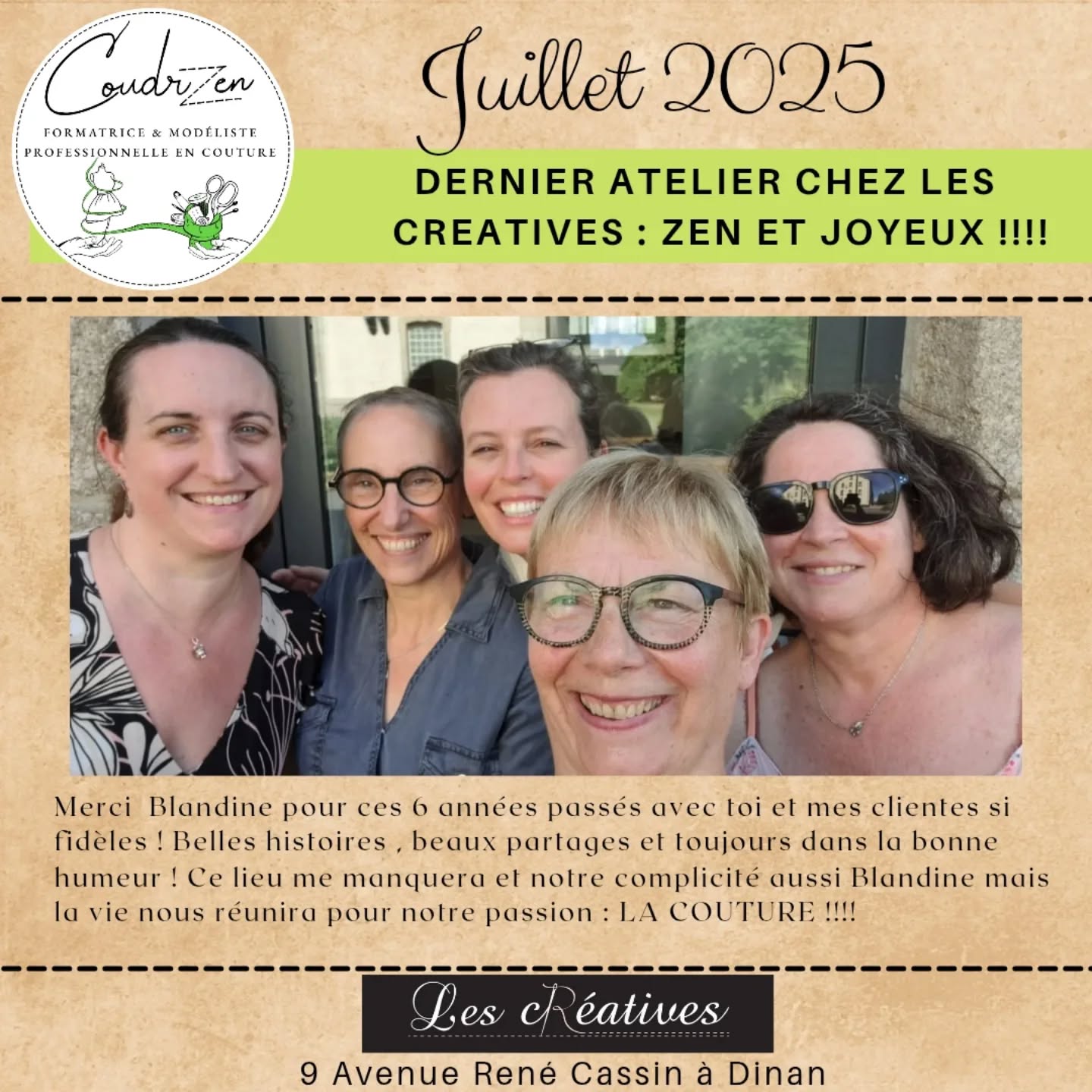Prochaine aventure à la rentrée de septembre chez Self Tissus à Dinan près du Leclerc.
Contactez moi au 06 33 82 51 91 ou cathycoudrzen@gmail.com
Pour le moment, pose pour se ressourcer et vous accueillir avec plaisir et toujours avec pleins de passion 😃
Bonnes vacances à toutes 😘 Cathy