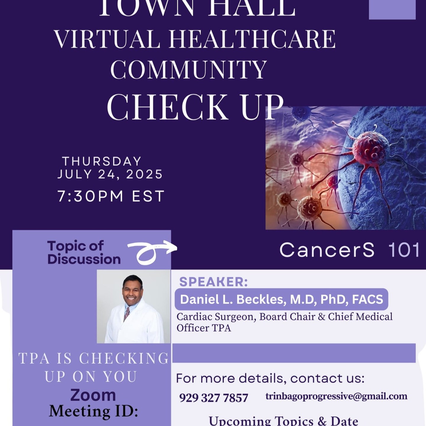 Join us for the TPA Town Hall meeting virtually and learn about cancers. An ounce/milligram is REALLY worth a pound/kilogram of cure. Come get your milligram.
Register Today:
https://zoom.us/meeting/register/j7tnEhJbThSvymG7dgvjQg
#cancer #cancerscreening #cancerscreenings #prostatecancerawareness #breastcancer #coloncancerprevention #caribbean #trinidad #tobago