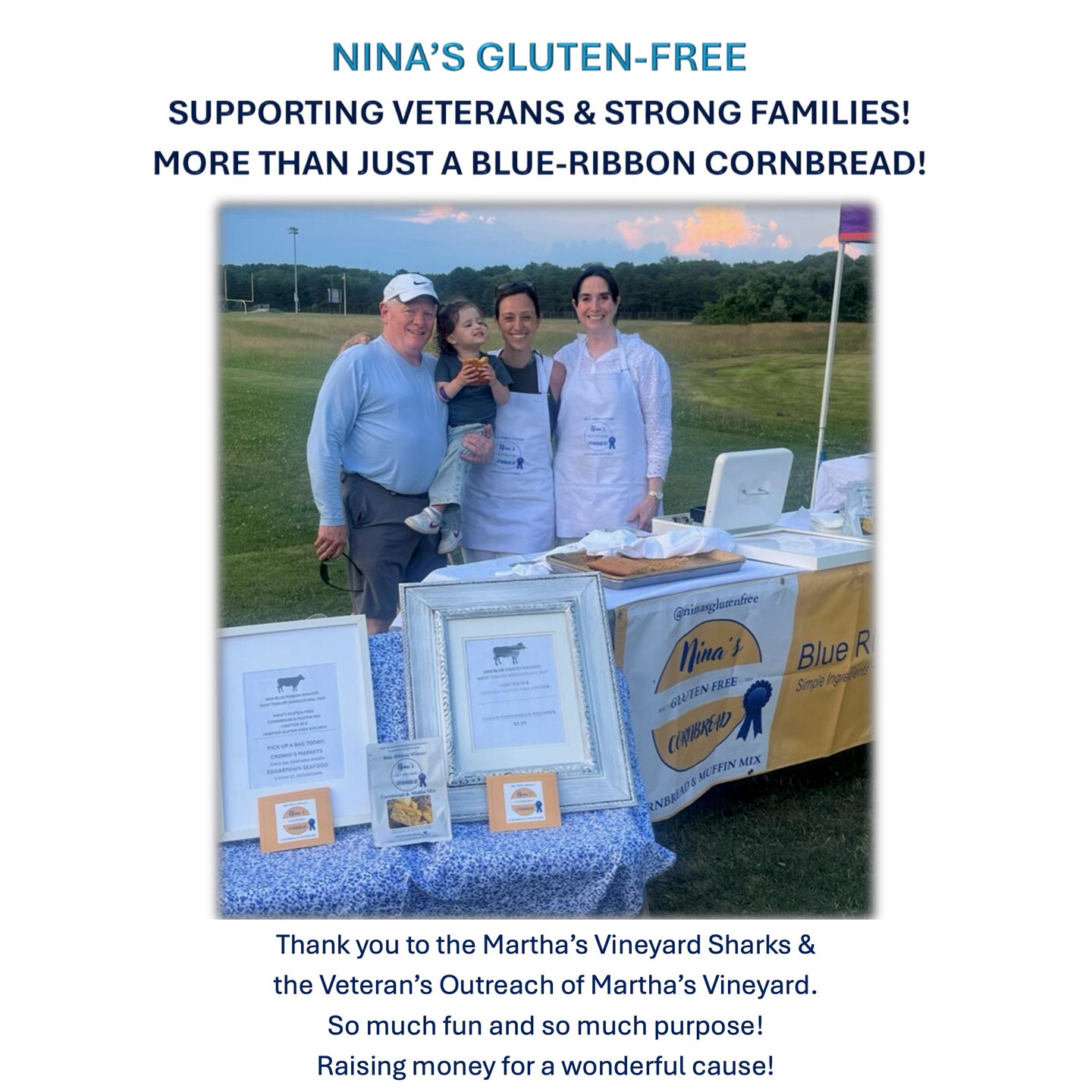 What a fun and meaningful night at the MV Sharks collegiate baseball game! So many people came out for this wonderful cause that supports Veterans and their families! Nina's Gluten-Free was honored to a part of this! Thank you to @mvcommunityservices and the @mv_sharks for supporting and raising awareness for the Veteran's Outreach of Martha's Vineyard! Pick up a package of Nina's Gluten-Free Cornbread & Muffin Mix at Cronig's Market in Vineyard Haven and at Edgartown Seafood in Edgartown! #mvsharks #mvcommunityservices #strongfamilies #glutenfreefood #celiac #hashimotosthyroiditis #cronigsmarkets #edgartownseafood #glutenintolerance #veterans