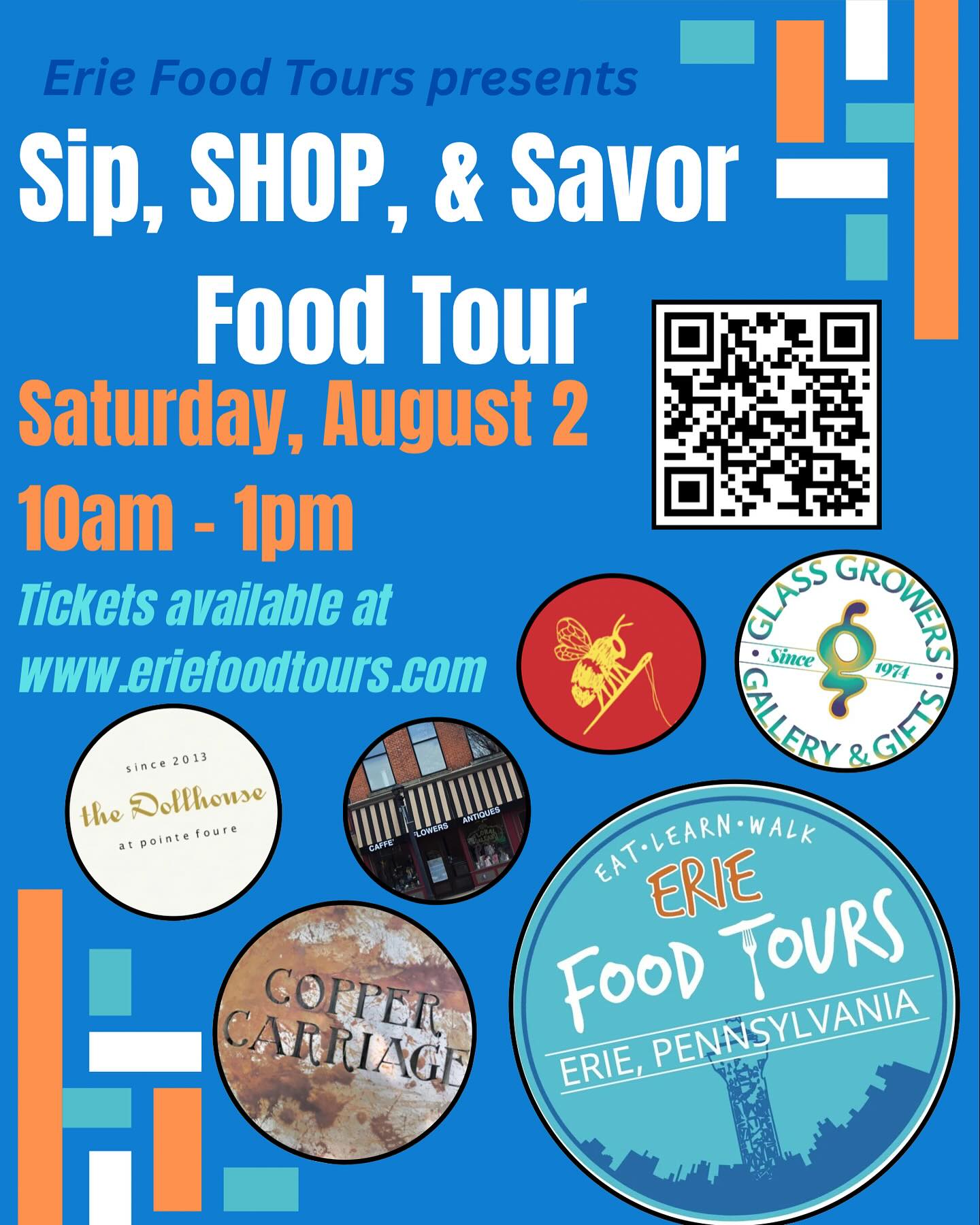 NEW food tour alert!
Join us on Saturday, August 2nd for our first ever Sip, SHOP, and Savor Food Tour in Downtown Erie! We’ll visit women-owned shops, cafes, and restaurants for a morning of eating, shopping, and learning all about the female entrepreneurs in our city! This tour will only occur ONCE this summer, so you won’t want to miss it!