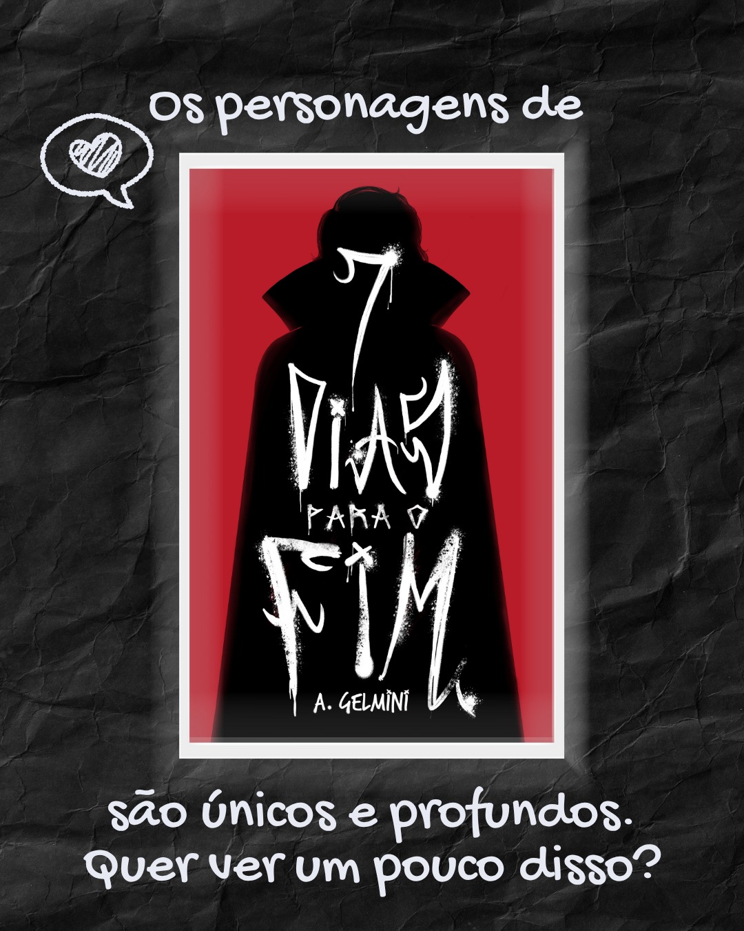 𝕻𝖊𝖗𝖘𝖔𝖓𝖆𝖌𝖊𝖓𝖘 & 𝕯𝖎𝖛𝖊𝖗𝖘𝖎𝖉𝖆𝖉𝖊
Sabemos que a diversidade é difícil de abordar em uma obra, ainda mais sem acabar pendendo para extremos: ou ser ausente de diversidade, ou transformar a obra nesta pauta (o que não é um problema em si, mas neste livro esta não era a intenção).
Em Sete Dias para o Fim, você conhecerá personagens com problemáticas, características e qualidades únicas, formas distintas de entender o mundo e se comportar.
Neste post, trago um pouco das diferenças entre os personagens principais.
#livro #book #livros #instabook #bookstagram #instalivros #livroseleitura #literatura #vamp #vampiro #vampire