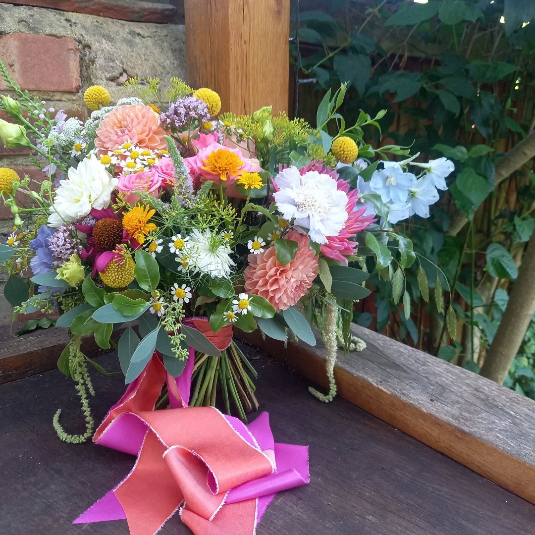 A burst of summer colour for beautiful Lizzie. Hot vibrant tones and a party of flowers and foliage reflect the heat of the day and the joy. Finished with the two tone tutti fruitti bamboo silk ribbons from the legend that is @little_acorn_silks 💐
#bridalbouquets #bridalflowers #londonweddingflorist #surreyweddingflorist
#summerflowers🌸 #handtiedbouquet #weddinginspiration #bouquet #carshalton #carshaltonbeeches