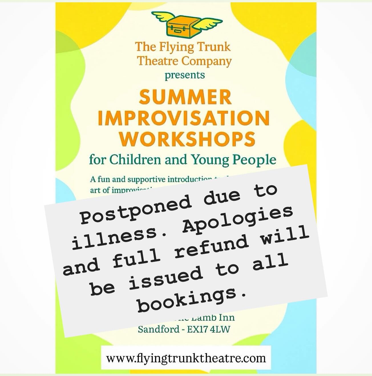 Unfortunately, our wonderful Artistic Director is unwell at the moment and will need several weeks of rest. We’re so sorry, but we’ve had to postpone the workshops until further notice.
All bookings will be fully refunded. We hope the Flying Trunk’s leader will be up and flying again very soon! ❤️🩹
#theatre #performanceart #childrensworkshops #devon #supportthearts
