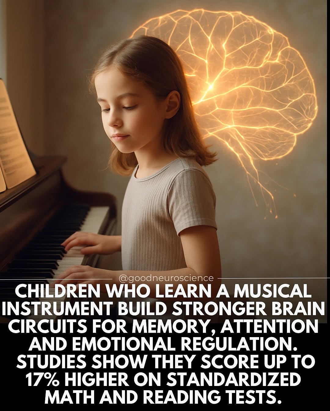 Studies show that children who engage in music training build stronger neural circuits for memory, attention and emotional regulation.
These cognitive improvements ripple into academic life, with one meta-analysis revealing up to a 17% boost in math and reading scores among music-trained students.
MRI research shows increased gray matter in areas tied to planning, coordination and self-control after just 15 months of practice.
Music also strengthens executive function, helping children focus better, manage frustration and persist through challenges.
Even short weekly sessions can lead to long-term gains in learning and emotional resilience.
Music becomes more than a hobby, it becomes a tool for brain development.
Sources:
- In Habibi et al., 2018, a 5-year longitudinal study:
-Moreno et al., 2011 – Short-Term Music Training and Executive Function
Disclaimer: We are not offering health advice on this page. Content is for informational purposes only. Please consult with a medical professional before applying any material contained.
Reposted from @goodneuroscience
#neuroscience #brainhealth #neurobiology #kidsbrains #childdevelopment #music