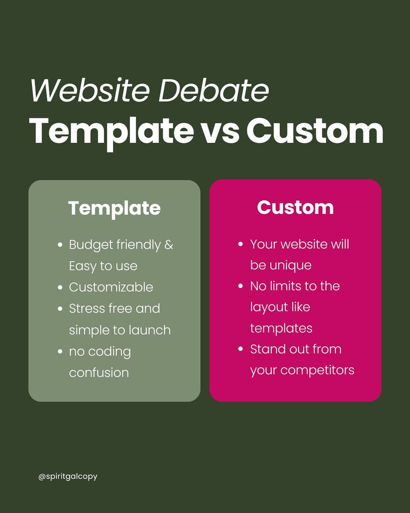 Which website gal are you? 💁♀️
✨ The “give me a beautiful template, I’ve got this” vibe
OR
🌙 The “take the reins, I want something completely custom to me” energy
Whichever path you’re on, clarity is everything!
Sometimes you’ve got to see it from both sides.
Save it for when you’re ready to level up your online home ✨