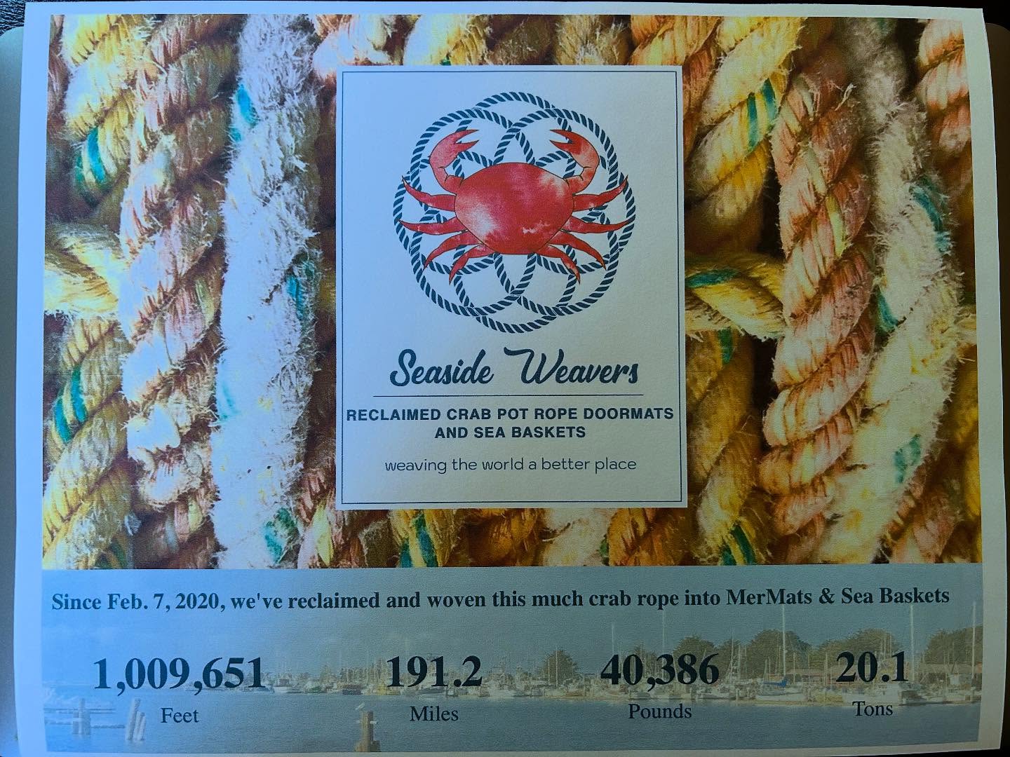 This weekend we crossed the million mark! 🥳 🎉🎊🙌👏🏻🍾
Since the conception of our first MerMat we’ve been tracking exactly how much rope we’ve woven and sold. There’s a counter on our website that gets updated weekly.
There’s now over a million feet of reclaimed crab line out there refashioned into doormats and baskets NOT hanging out uselessly in the landfill! THANKS to everyone who’s seen the value in what it is we are doing, shopped local and helped contribute to this creative fun way of reusing this spirited rope.