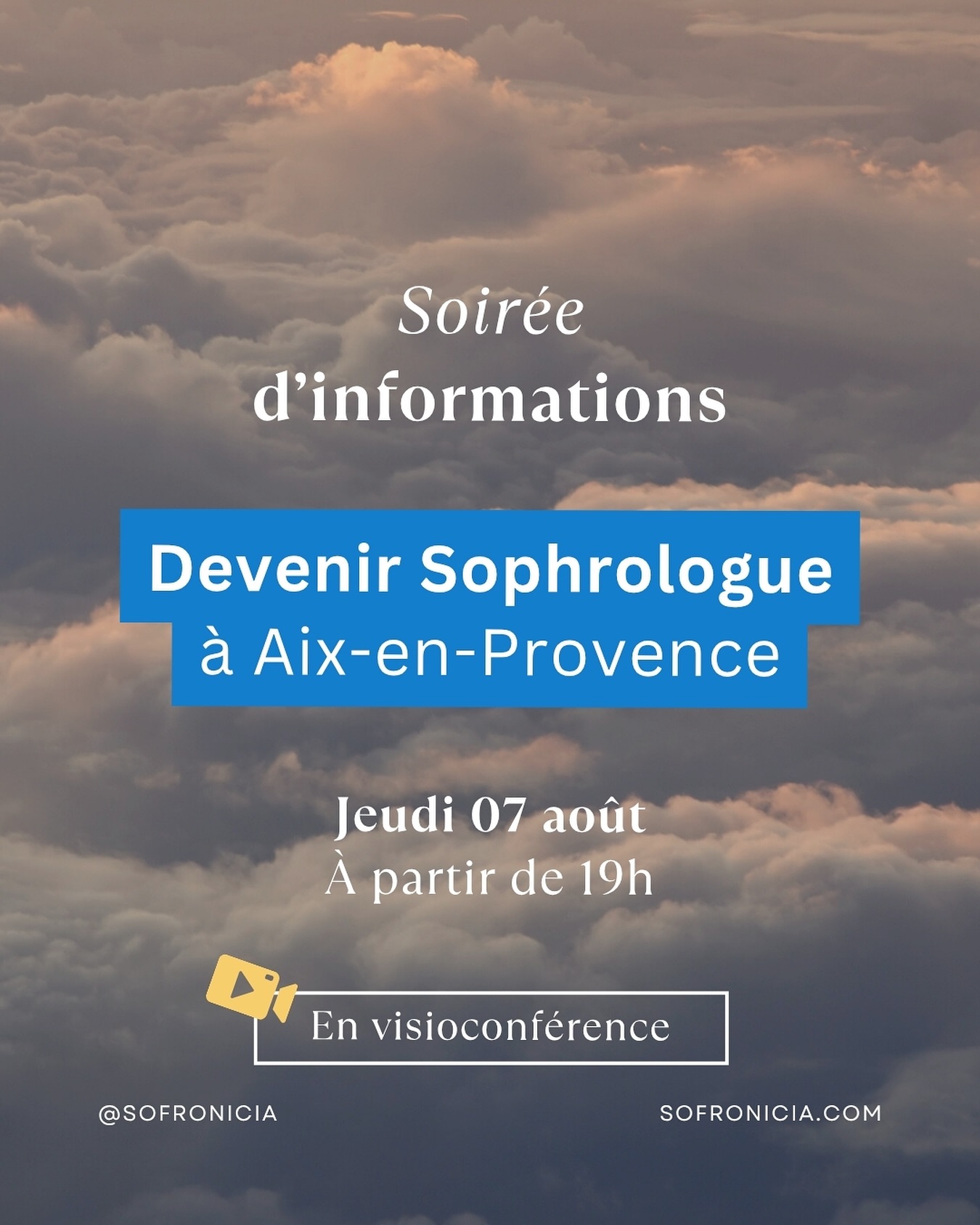 Vous habitez dans les Bouches-du-Rhône et vous souhaitez devenir sophrologue ? Vous voulez intégrer une formation reconnue ? Participez à notre soirée d’informations organisée le jeudi 07 août à partir de 19h, en visioconférence !
Yoann Berteotti, directeur de l’école, vous présentera la formation « Devenir sophrologue » et sera disponible pour répondre à toutes vos questions.
Puisque nous avons à coeur d’avoir une vraie interaction avec vous, l’échange se fera en visioconférence via l’outil GoTo Meeting : le lien de connexion vous sera communiqué une fois votre inscription validée.
Inscription obligatoire
📞 06 84 70 51 29
📧 ecole@sofronicia.com
#sofronicia #formationsophrologie #sophrologienice #sophrologiecaycedienne #devenirsophrologue #devenirsophrologueaix #sophrologiepaca #sophro #formationsophrologue #sophrologie #sophrologue #devenirsophrologuemarseille