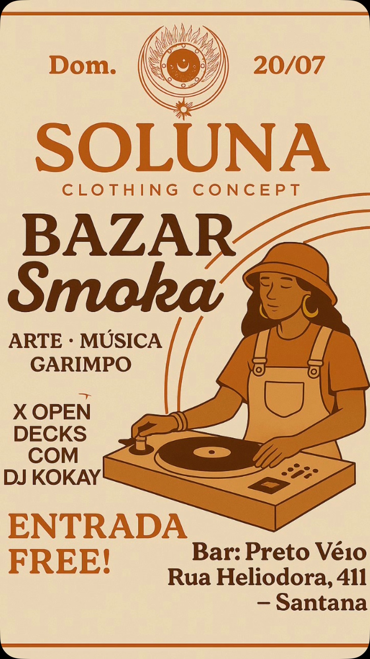 🌞✨ Amiga, você está mais que convidada! ✨🌞
Neste domingo, dia 20/07, vai rolar o Bazar da Soluna no Bar Preto Véio (Rua Heliodora, 411 – Santana) e vai ser incrível! 💃🏽🛍️
Estamos levando peças lindas da antiga coleção da Soluna Clothing Concept, com preços especiais e tentadores! Vem garimpar, aproveitar a vibe boa, ouvir um som da hora com DJ Kokay e curtir com a gente! 🎶👗💥
⏰ Das 16h às 22h
🎟️ Entrada free!
💃🏽 Traz as amigas e vem se jogar nesse rolê!
Contamos com você! 💛