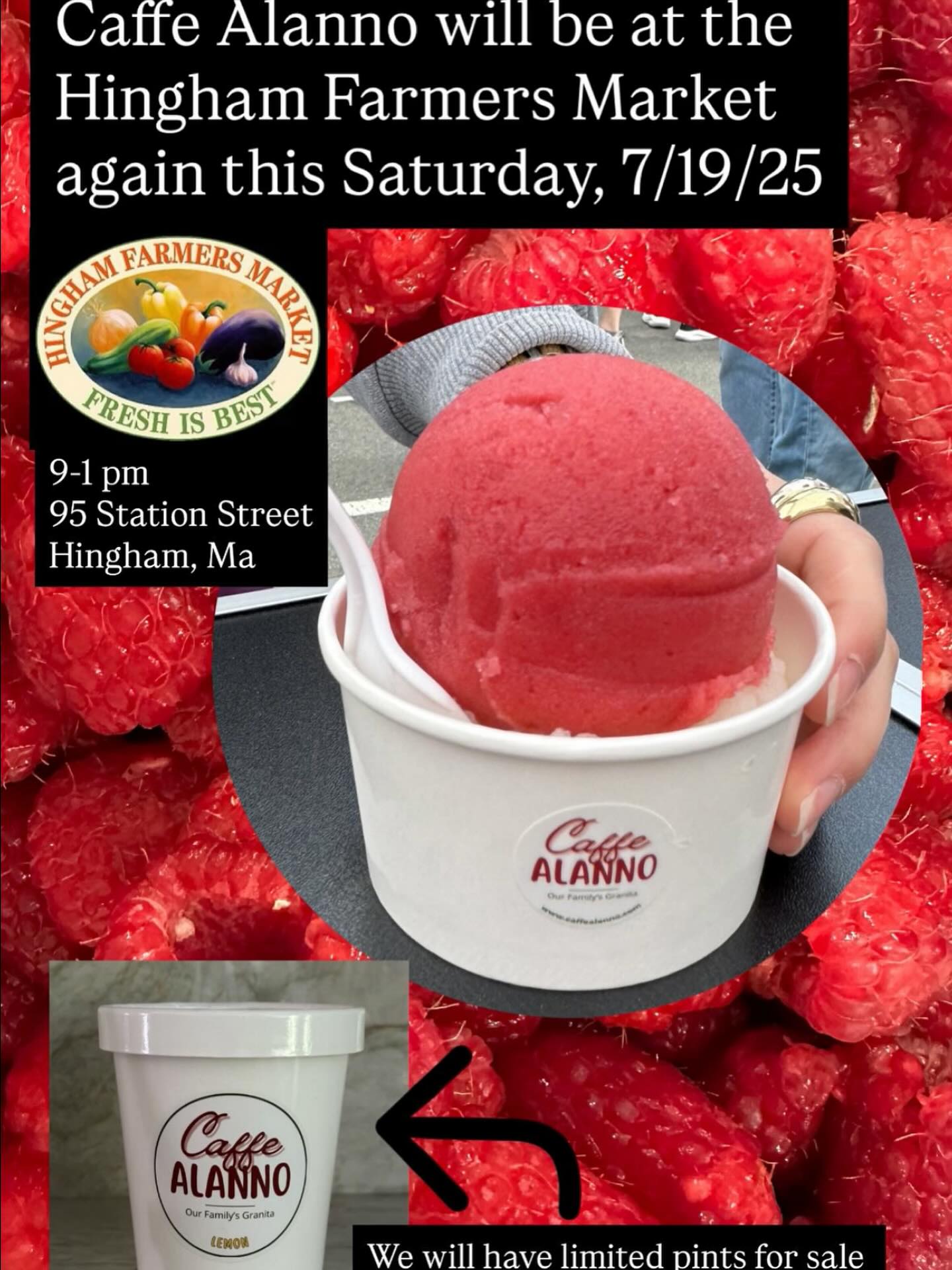 We will be returning to the Hingham Farmers Market this Saturday, 7/19/25 from 9-1 pm. 95 Station Street, Hingham, Ma. We will have limited pints of various flavors of our granita for sale! We hope to see you there!
#farmersmarket #hinghamfarmersmarket #granita #granitasiciliana