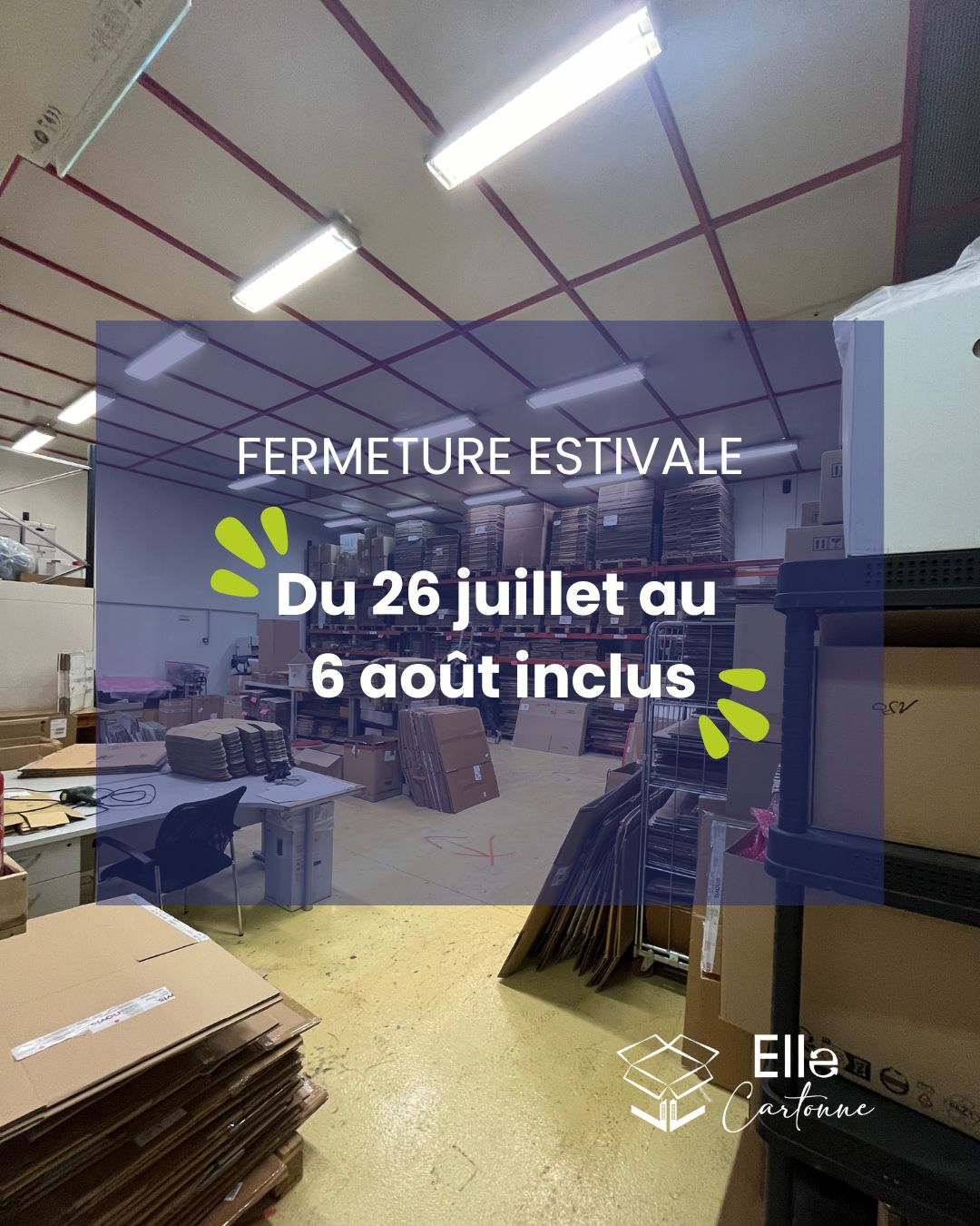 ☀️ Fermeture estivale ☀️
Elle Cartonne prend une petite pause estivale !
📅 Nous serons fermés du 26 juillet au 6 août inclus.
On vous retrouve dès le 7 août, pour continuer à cartonner ensemble ! 😎📦
Bel été à toutes et à tous !