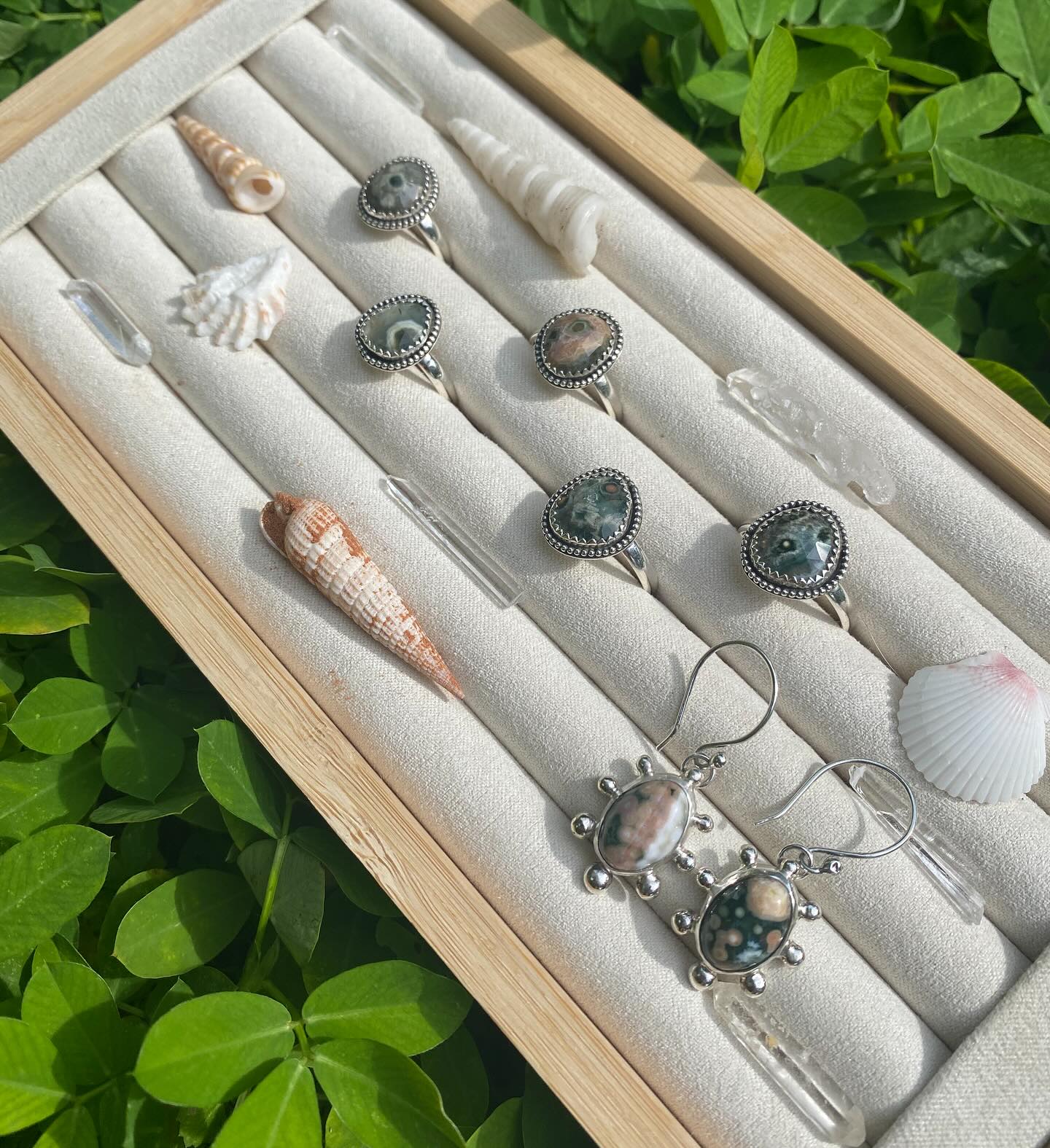 Super cute & dainty Ocean Jasper rings + earrings available. ✨ Sterling Silver as always & handcrafted with care. You can find these under New Arrivals on my website, link in bio. 🌞
.
Big things happening behind the scenes with a super dope drop planned for August. Stay tuned. 😘