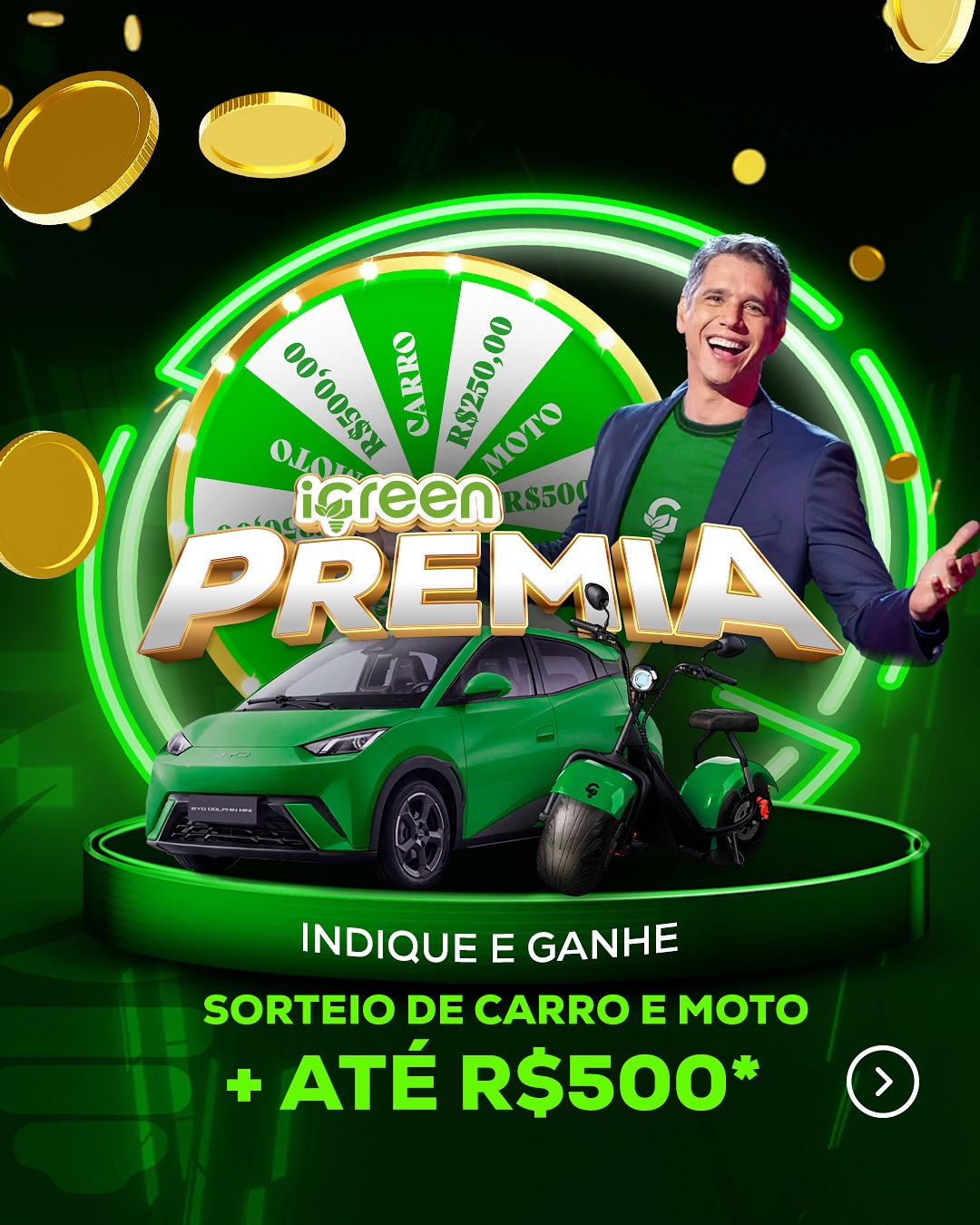 Somente este mês! Você economiza na conta de energia e ainda concorre a um carro elétrico zero km! Além disso, a cada cliente que você indica, você ganha o direito de girar a roleta e ganhar até R$500 em prêmios instantâneos! 🤑💸
#igreen #energia #sustentabilidade #solar #desconto #economia