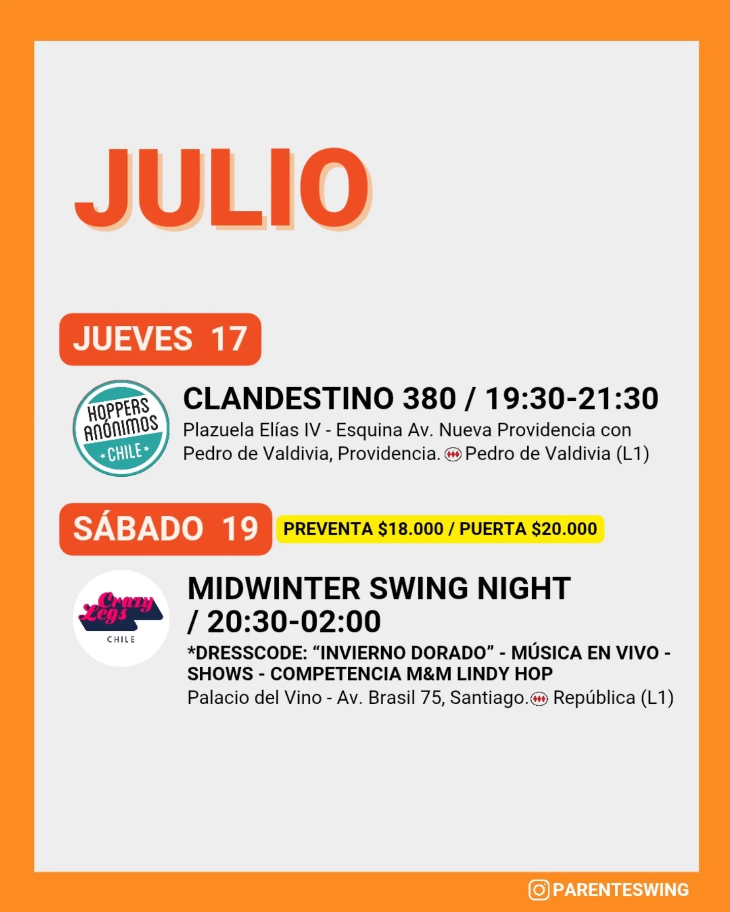 ✨Todos los eventos son gratuitos y abiertos a todo público, a menos que se indique valor de entrada 💸
‼️Cualquier modificación o nuevo evento en los comentarios👇🏻 y/o por historias 👆🏻
🤔 Qué es una Jam, Clandestino o Baile Social?
Una instancia donde fanáticos de los bailes swing (Lindy hop, Balboa, Shag, Solo jazz) se reunen a compartir, hacer comunidad y a la vez, practicar.
❌ Las actividades publicadas NO son instancias de clases para aprender a bailar, a menos que se indique “Taller” o “Clase Abierta”.
👀 Quieres aprender a bailar?
En nuestra historia destacada “CLASES” está toda la información y formularios de inscripción a los cursos del mes de las escuelas de bailes swing ✨
Nos vemos en la pista! 💃🏻🕺🏻🔥
#danzachile #lindyhopchile #swingchile #bailechile #eventoschile #danzasantiago #santiagodechile #panoramasgratis #swingdancechile #swingdancingchile #lindyhopperschile #panoramasgratis #panoramagratis #santiago