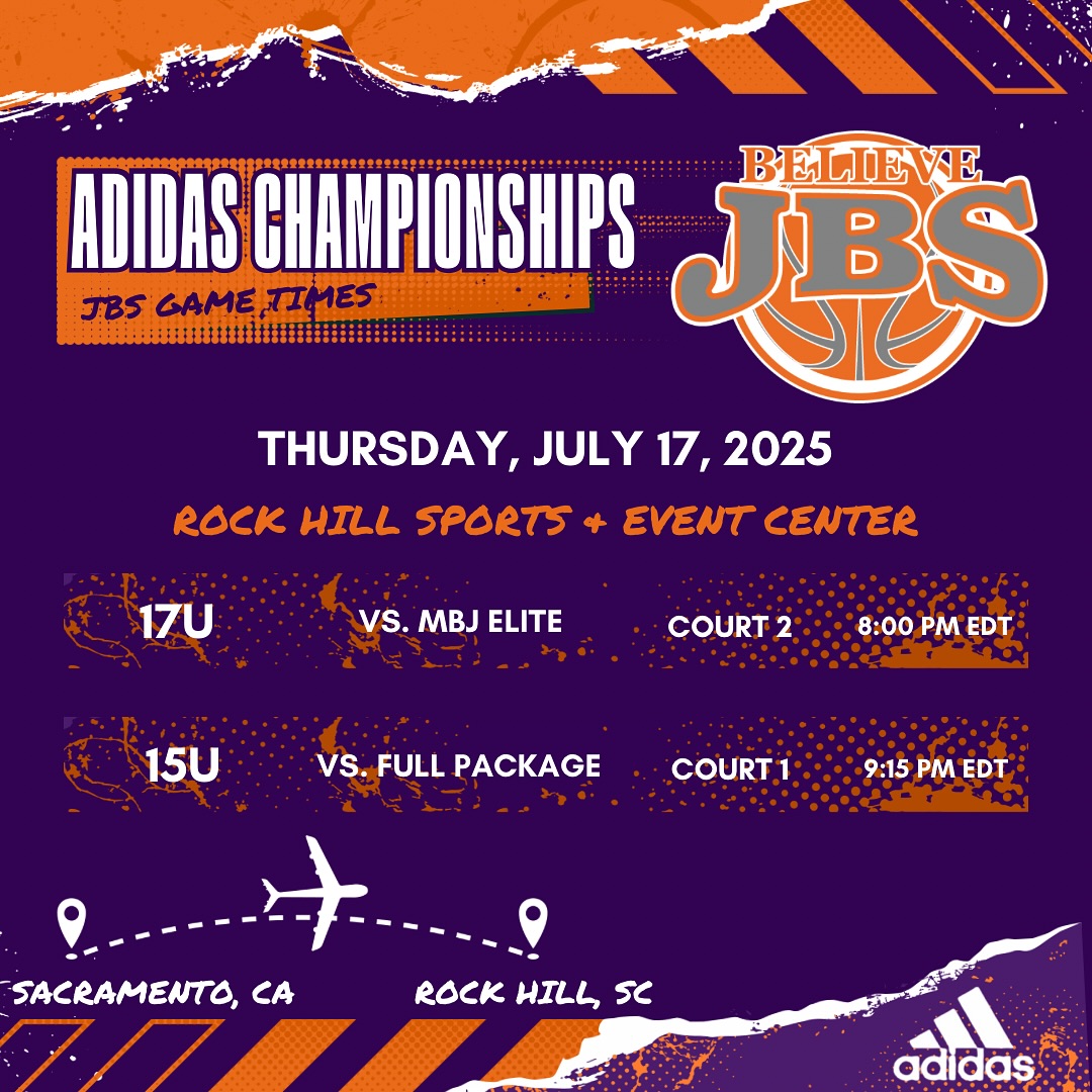 Our JBS 15u and 17u teams are out here in Rock Hill, South Carolina getting ready to compete at the Adidas Palmetto Road Championship Tournament! Here’s our schedules for Thursday and Friday! Just Believe! 🔥🏀🔥