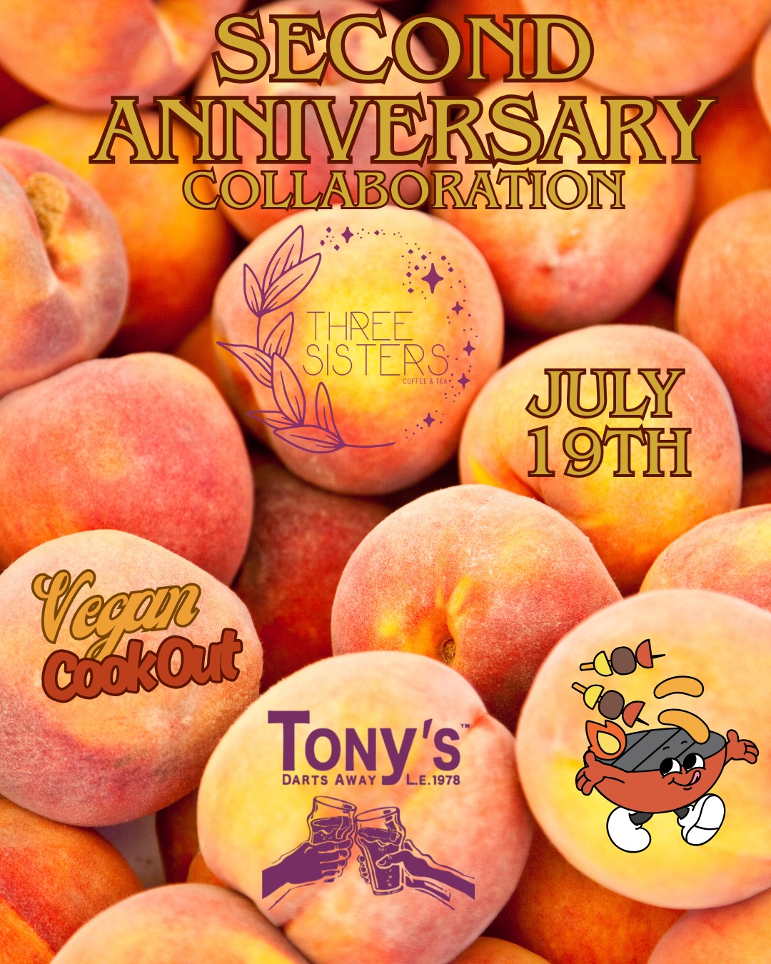 ✨ Two Awesome Neighbors, One Sweet Collab ✨
We’re teaming up with our friends at @3sisterscoffeeandtea to celebrate their 2nd Anniversary the best way we know how—with peaches, plant-based BBQ, and a whole lotta community love 💕
🎉 Saturday, July 19th — All Day
🍑 Three Sisters is dropping a Peaches & Cream Latte and hosting:
🛍️ Local Vendors
🎟️ Raffle Prizes & Drawings
🔍 A Latte Scavenger Hunt!
🔥 Tony’s Darts Away is cookin’ up a Peach BBQ Sauce as part of our Vegan Cookout, featuring:
🌭 Smoked Vegan Sausages & “Meats”
🥗 Summertime Sides
🍺 Cold Beers
🎶 Chill Vibes
Come celebrate our rad neighbors, great food, and peach-filled fun all day long. No tickets, swing by and hang with us!
#TonyxThreeSisters #VeganCookout #PeachParty #PeachesAndCream #BurbankEats #LatteScavengerHunt #PlantBasedBBQ #ColdBeerWarmVibes #SupportLocal