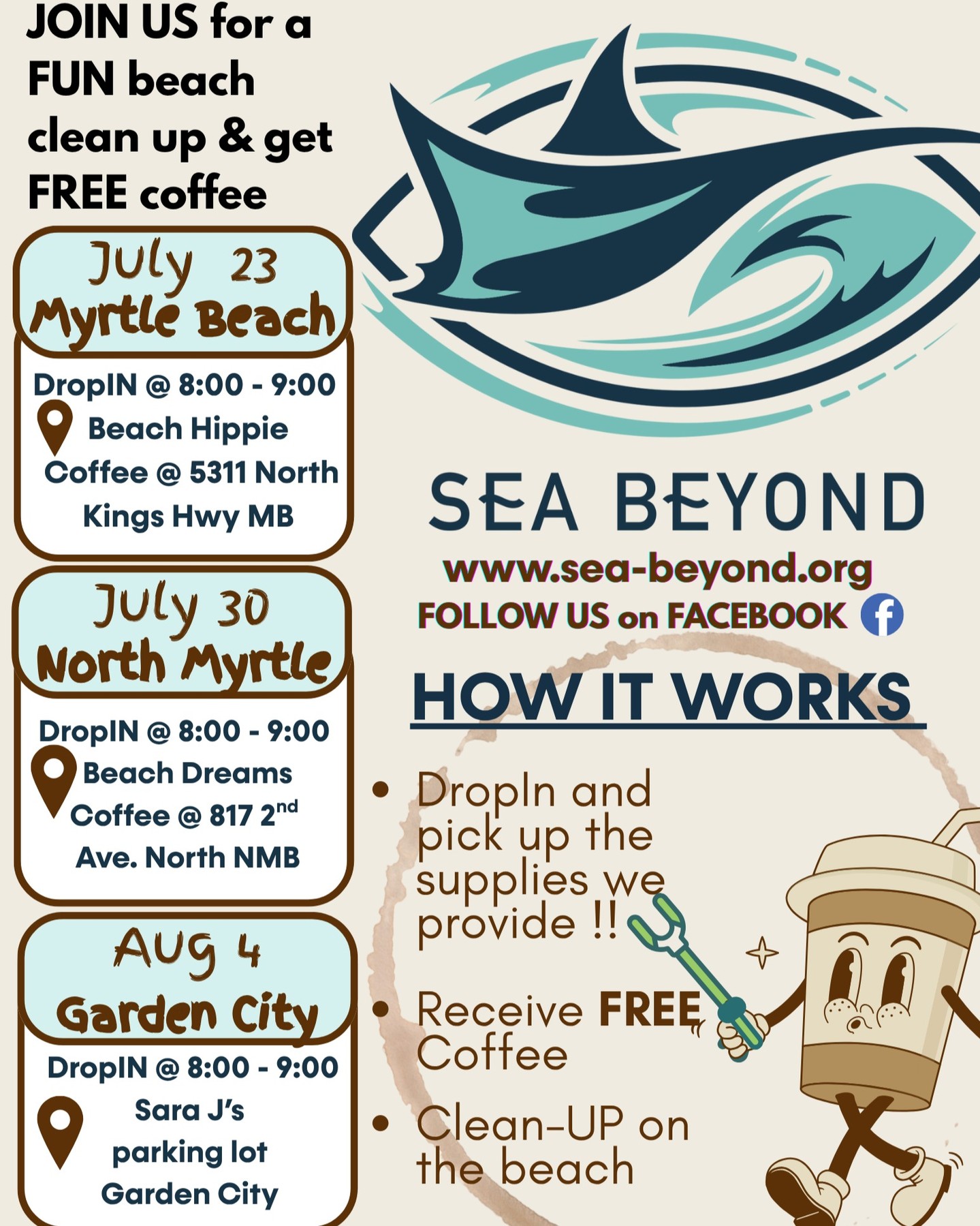 Join us for a brand new project we are launching at Sea Beyond! We are partnering with local coffee shops to combine our favorite things- engaging the community in removing litter & a great cup of coffee!
💪🏼 Sign up at www.sea-beyond.org
Think you have the best cup of coffee? The Sea Beyond Foundation is looking for the greatest cup of Joe on the Grand Strand! ☕️ Sponsor applications and business partnerships are now open. Send inquiries to info@sea-beyond.net
#seabeyondfoundation #myrtlebeach #coffeelover #lovethebeach