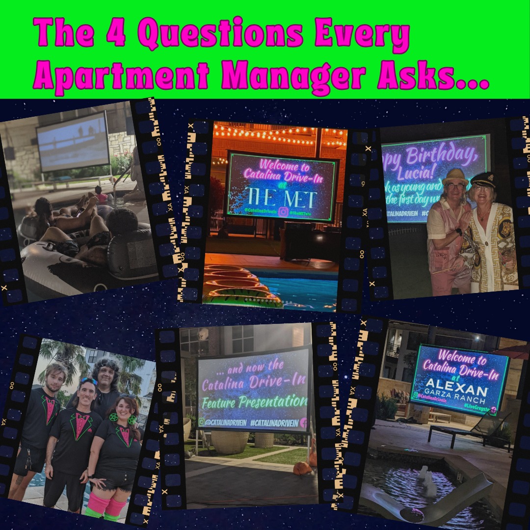 Why is this night different from all other nights?
🎬🍿🎬🍿
First thing first, how much will this cost?
We can't publish our cost so you'll have to reach out. It's more affordable than you may think.
🎬🍿🎬🍿
What do we have to do?
A Catalina Drive-In night is a turn-key event which is why it's been such a slam dunk for apartment managers.
The only "work" you have to do will be:
1. Pick the night
2. Choose a movie
3. Get the word out to the community, we'll even supply digital and print posters
From now until the event all the work can be done from your computer.
🎬🍿🎬🍿
What all is included?
We'll provide your promotional posters, digital and print.
You get a personalized WELCOME SCREEN for your community with your logo and Instagram handle (sample below).
We make a pre-show reel specific to your event. It's about 10 minutes of fun videos curated to perfectly
accompany the movie you picked out.
Social Media Assistance, we take a ton of photos and videos and tag you in them, just repost everything that comes across your notifications that night.
Before the movie our host makes a brief welcome speech and also encourages the residents to take photos and tag us both.
🎬🍿🎬🍿
Does 'THE CAT' provide snacks and drinks?
No, which saves you money. We'd just go to the exact same HEB you would but we'd have to charge extra for the effort. That said, we often partner with GoogleFiber, AT&T or other sponsors who will be happy to provide refreshments for your guests.
🎬🍿🎬🍿
What do we do now?
If you have any questions we didn't answer then don't hesitate to ask. If you're ready to get a night set up then just let us know what date you want and we'll send the deposit link.
🎬🍿🎬🍿
#PropertyManagement #ResidentEvents #MovieNight #ApartmentLife #Greystar #RPMLiving #Kairoi #luxuryapartments #austinapartments #domainliving #amenities #apartmentamenities #livingatthedomain #northaustinliving #rpmliving #rpm #fyp #tourtoday #domain #domainapartments #austinapartments #austinapartmentlocators #specials #austindomain #apartmenthunting #apartmentsatx #satxapartments #liveluxury #kairoiresidential #lovewhereyoulive #goodvibes #Austinliving