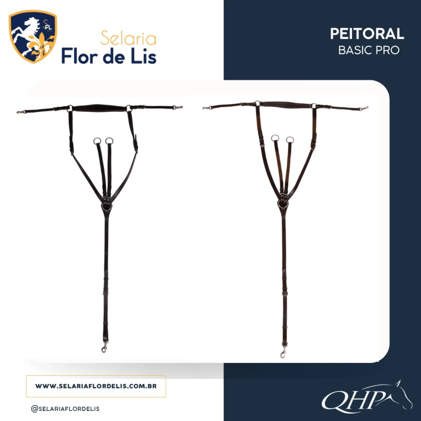 Peitoral em couro com martingal elástico
Disponível nas cores preta ou marrom