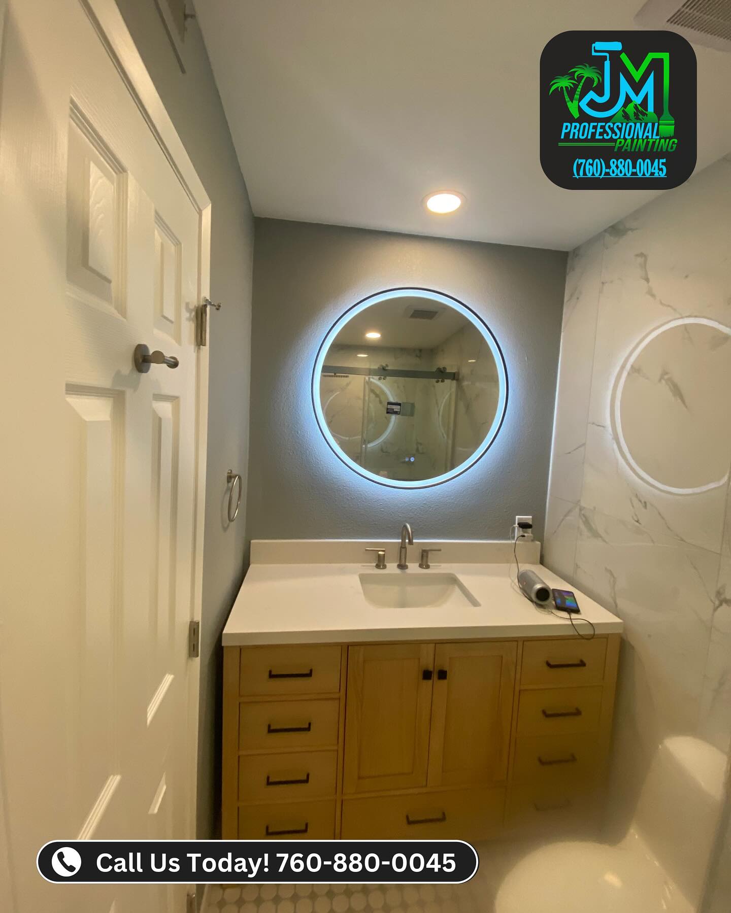 Fresh new vibes from top to bottom! 🛠️🎨 JM Professional Painting just wrapped up a project featuring a custom wood paneling install, a full paint refresh, and a sleek bathroom upgrade with new paint and a modern mirror. Clean lines, bold results—your space deserves this kind of upgrade! 💯 #homeupgrade #professionalpainting #WoodPaneling #bathroomglowup #bathroomrenovations #paintingservices #bathroomremodel #woodpaneling #palmsprings #cathedralcity #deserthotsprings #coachellavalley