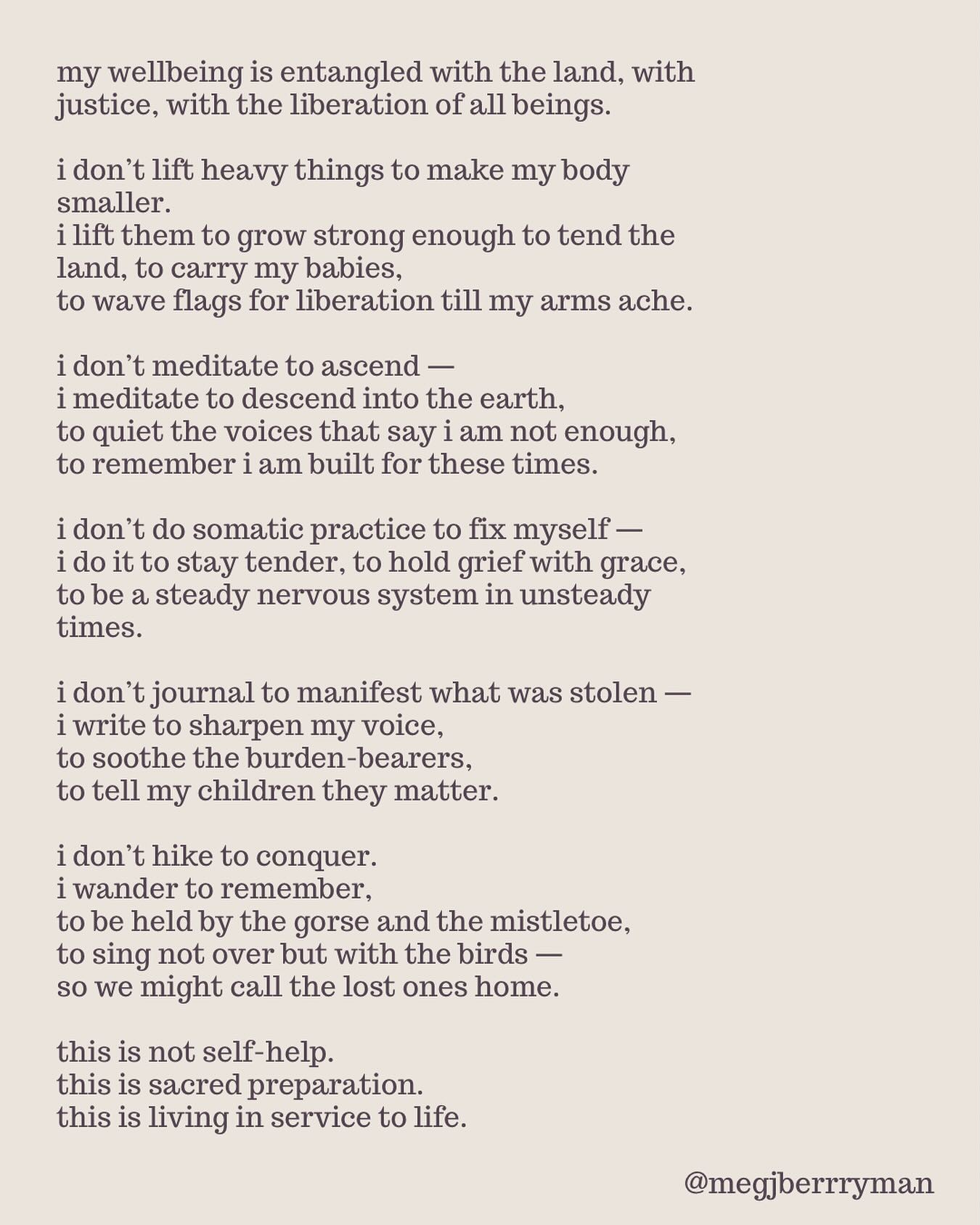 Currently lifting weights so I can fly the 🇵🇸 flag forever.
Currently accepting EOIs for regenerative super-vision starting August 1. If you’re ready to change the way you see yourself; so you can do your work in the world, I’m here.
@megjberryman