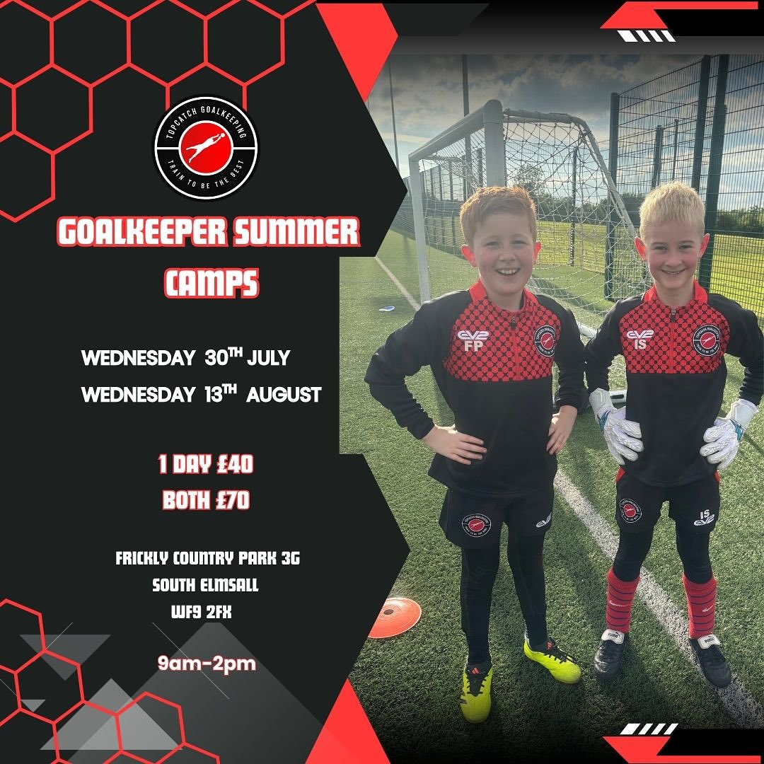 🚨 Announcement 🚨
Our first Guest Q&A on the 30th July GK camp will be
Ex Tottenham hotspur & french youth international Thimothée Lo-Tutala Currently on loan from Hull city Fc at Doncaster Rovers Fc 🧤⬇️ @tltutala
Summer Goalkeeper Camp Dates 📆🧤
Excited to announce our first ever summer Gk Camps 🧤
we anticipate places will fill up fast so please book early to avoid disappointment
📆. Wednesday 30th July
📆 Wednesday 13th August
Frickly Country Park 3G
South Elmsall
WF9 2FX
✅🧤 Uefa Qualified GK coaches
✅ ⚽️ Fun games & prizes to be won
✅ 🎤 Pro GK lunchtime Q&A
✅ 📹 Content of day to be shared with video & photos
✅ 🥅 Goalie war Winner to Receive a free Topcatch T-shirt
Book ⬇️
📧 topcatchgk@gmail.com
📱077852583445
Only 5 places left on both days 🧤