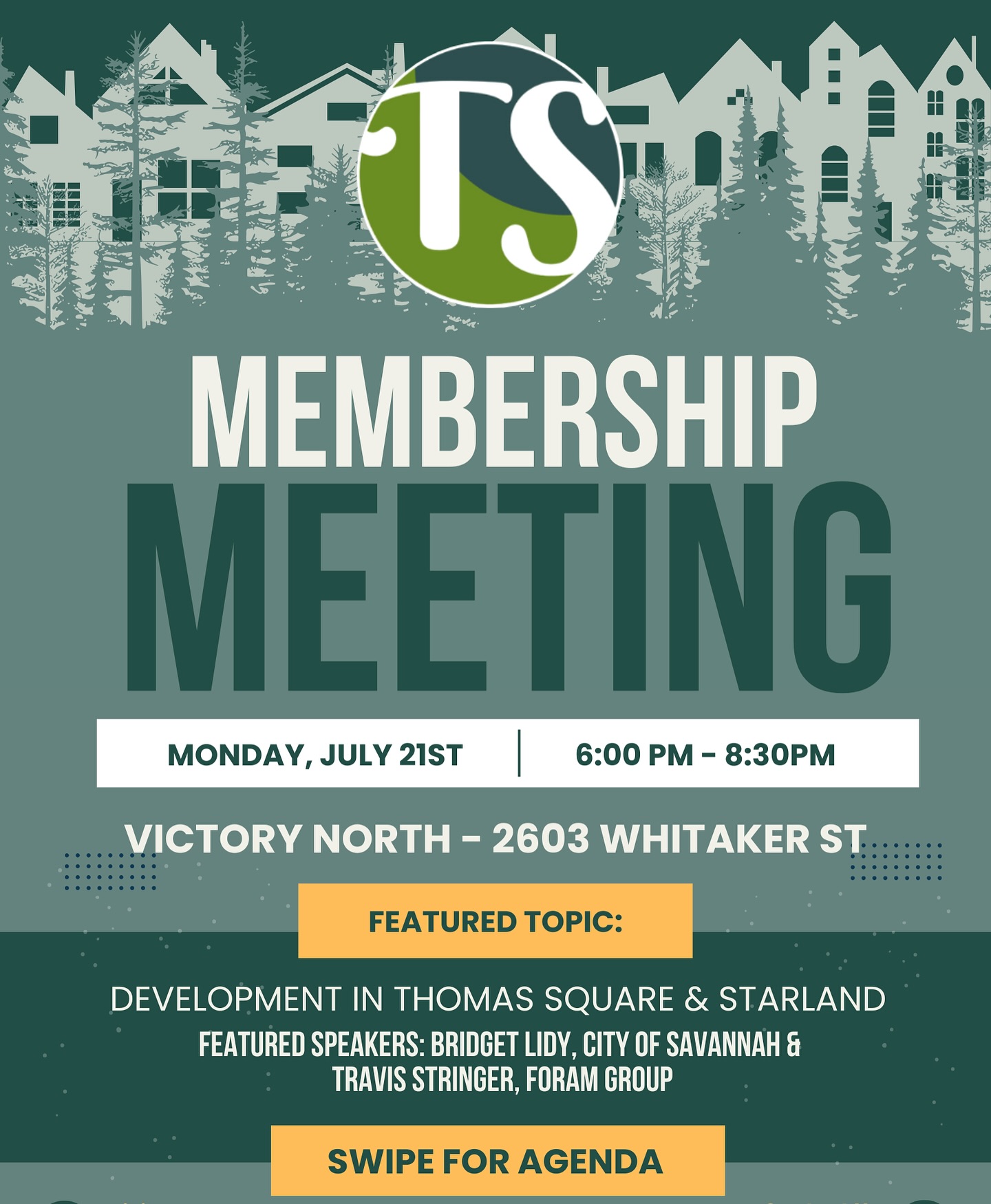 📣 Big Topic, Big Night: RSVP & Join Us for TSNA’s July Meeting – July 21 @victorynorthsavannah
🏘️ Development in Thomas Square & Starland is the hot topic—and we’re bringing key voices to the table for updates, Q&A, and open discussion.
🗓️ Monday, July 21st
🕕 Doors at 6:00 PM | Meeting starts at 6:30 PM
📍 Victory North – 2603 Whitaker Street
🥂 Snacks + refreshments provided!
🎤 Featured Speakers:
• Bridget Lidy, @cityofsavannah
• Travis Stringer, Foram Group (@starlandvillage )
👮 Hear from Savannah Fire, Police, Code Compliance & Councilman @detric_leggett .
❓ Community Q&A Town Hall to follow!
📸 Swipe to see the full agenda
✅ Open to the public – membership not required!
🔗 RSVP at link in bio 🙏
#ThomasSquareSavannah #StarlandDistrict #SavannahGA #TSNA #NeighborhoodMeeting #CommunityMatters #SmartDevelopment