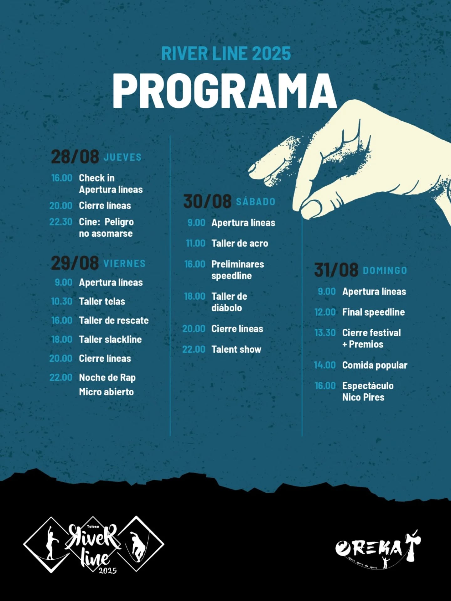 Este RiveR viene calentito... Aquí os dejamos nuestro programa para que vayáis viendo lo que viene y entrenar duro para la que se viene 🤙
Últimas 5 entradas... Luego no digáis que no avisamos 😬
🗓️28, 29, 30 y 31 de agosto
💰 Entrada 51€
➡Inscripciones https://orekatolosa.wixsite.com/oreka/riverline
___
🗓️ Abuztuak 28, 29, 30 eta 31
💰 Sarrera 51€
➡ Izen ematea https://orekatolosa.wixsite.com/oreka/riverline