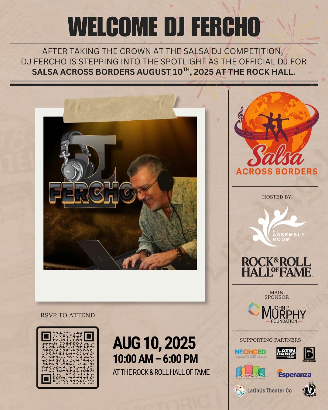 🎉 ¡Bienvenido oficialmente, DJ Fercho Garcia! 🎉
After turning up the heat and taking the crown at our Salsa DJ Competition, DJ Fercho—Latin music connoisseur, radio host, MC, and beat magician—is now the official DJ for Salsa Across Borders at the Rock & Roll Hall of Fame on August 10!
Fercho’s musical journey began at 17, and since then, he’s brought salsa fire to dance floors across Detroit, Toledo, and beyond. Now, Cleveland gets to experience his legendary energy and sabor live on stage!
We also want to send a special thank you to Blue Palm Latin Restaurant & Lounge for graciously hosting our DJ competition. Your space, energy, and support helped make this celebration of rhythm and talent possible!
Mark your calendars:
Sunday, August 10
Rock & Roll Hall of Fame, Cleveland, OH
DJ Fercho Garcia is bringing the heat—don’t miss it!
Join us for an unforgettable night of music, culture, and connection.
⸻
@djfercho22_ @bluepalmcleveland • #DJFerchoSalsa #SalsaAcrossBorders #RockHallCleveland #ClevelandSalsa #LatinMusic #SalsaNight #BluePalmCLE