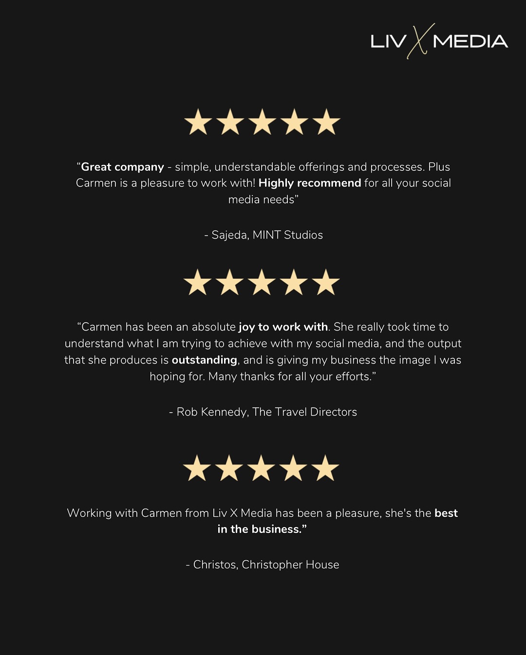 Liv X Media 🤝 Happy Clients
We are the Global Creative Agency you’ve been searching for:
• Web Design
• Branding & Logo Design
• Content Creation
• Social Media & Marketing
• Print Design
We work closely with you to create your vision whilst authentically representing your brand.
Contact enquiries@livxmedia.com, DM us today or check livxmedia.com for our prices and packages.
#webdeveloper #webdesign #graphicdesign #logo #branding #website #newwebsite #websitedesign #wix #shopify #wordpress #websitelaunch #womeninbusiness #londonmarketingagency #designinspo #photographer