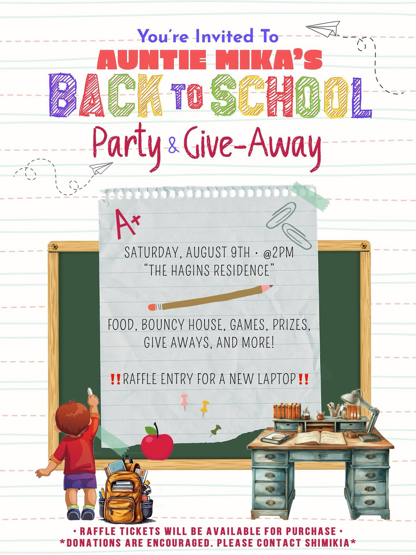 🎒Back-to-School Giveaway Alert! 📚
Get ready to kick off the school year with a blast 🏫🎊
Join us on August 9th for an epic event featuring:
🍔 Delicious Food
🎠 Bouncy House Fun
🎮 Games & Activities
🎁 Amazing Prizes & Giveaways
🎉 And SO MUCH MORE!
Don’t forget to enter our RAFFLE for a chance to win a NEW LAPTOP! 💻🎉
Mark your calendars, bring your friends, and let’s make this a day to remember! 🥳🎈
#BackToSchool #Giveaway #Raffle #FreeFun #BouncyHouse #Games #Prizes #NewLaptop #SchoolVibes #August9th