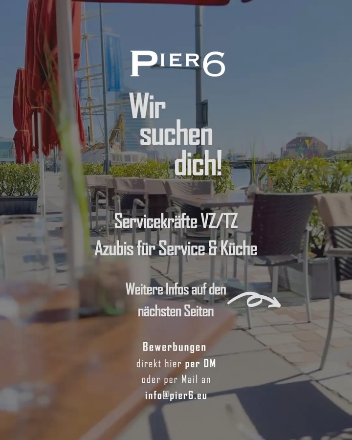Willkommen im PIER 6 - hier wird gemeinsam gelacht, angepackt und abgeliefert. Nicht so steif wie du denkst
- und mit echtem Teamspirit.
Wenn du lieber mit Menschen als mit Excel-Tabellen arbeitest und einen Job suchst, bei dem du du selbst sein kannst - dann schreib uns!
Komm ins Team PIER 6. Wir freuen uns auf dich.
#TeamPier6 #BremerhavenJobs #AusbildungGastro #gastro #team #pier6