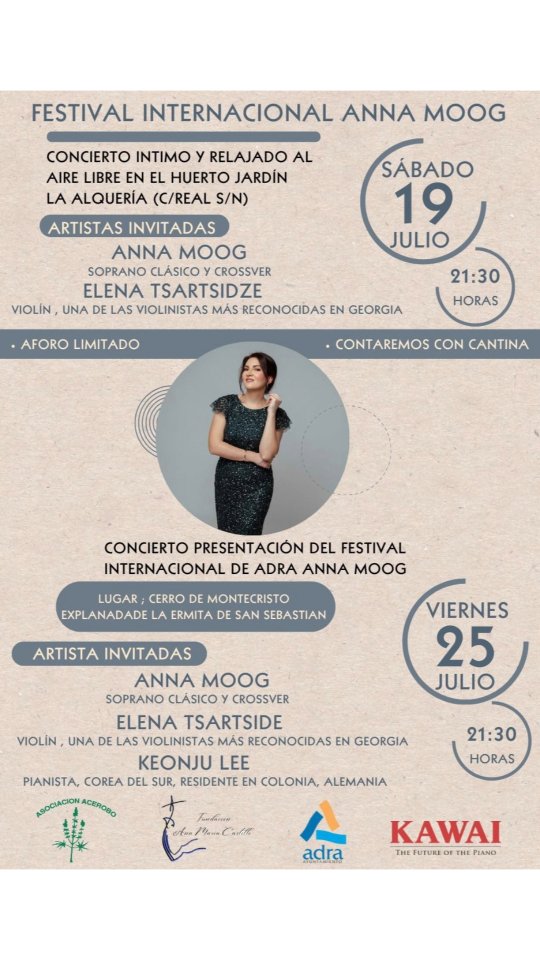 🎶 Festival Internacional de Adra – Anna Moog
📍 Cerro de Montecristo, Ermita de San Sebastián
📅 Jueves 25 de julio – 21:30 h
Concierto con:
@lenatsartsidze (violín, Georgia)
Keonju Lee @christinexkkromme (piano, Corea del Sur)
Anna Moog (soprano, Georgia/Alemania)
Música clásica ligera, zarzuela y mucha emoción.
Zona de asientos | Cantina | Ambiente mágico
@aytoadra @kawaipianoseu ¡Nos vemos en Adra!
#Adra #FestivalAdraAnnaMoog #Concierto #MúsicaClásica #Zarzuela #CulturaEnAdra #festival #Spain #españa