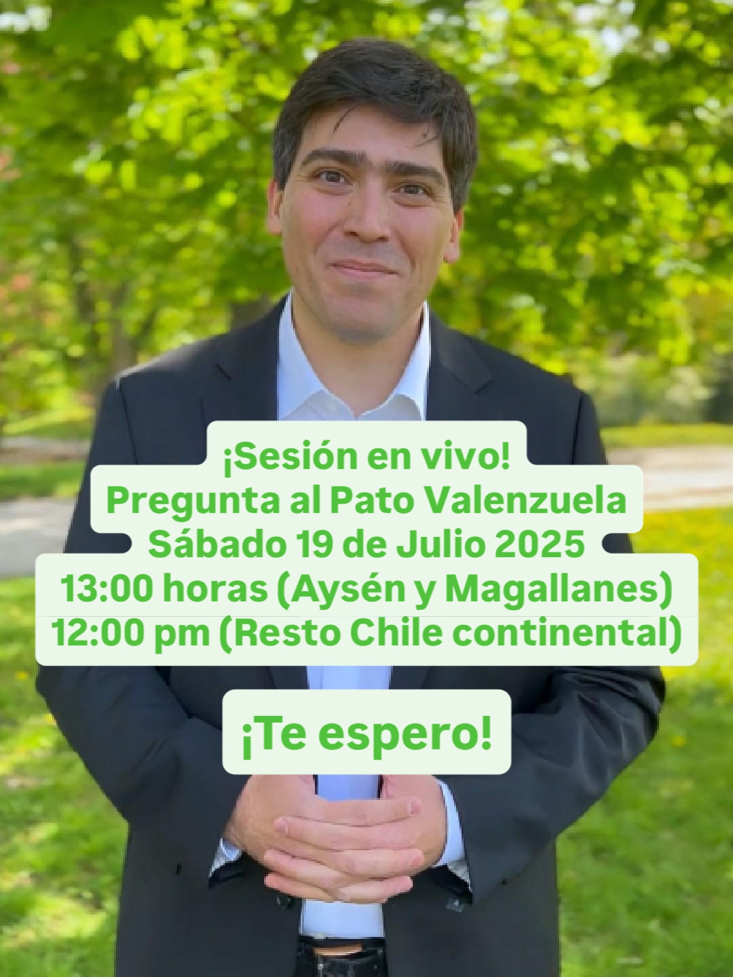 ¡Hola! Te invito a conversar en mi sesión en vivo en Instagram, este Sábado 19 de Julio, 13:00 horas (Aysén y Magallanes), 12:00 pm (resto Chile continental). Estaré muy contento de conversar y recibir tus preguntas. ¡Te espero!